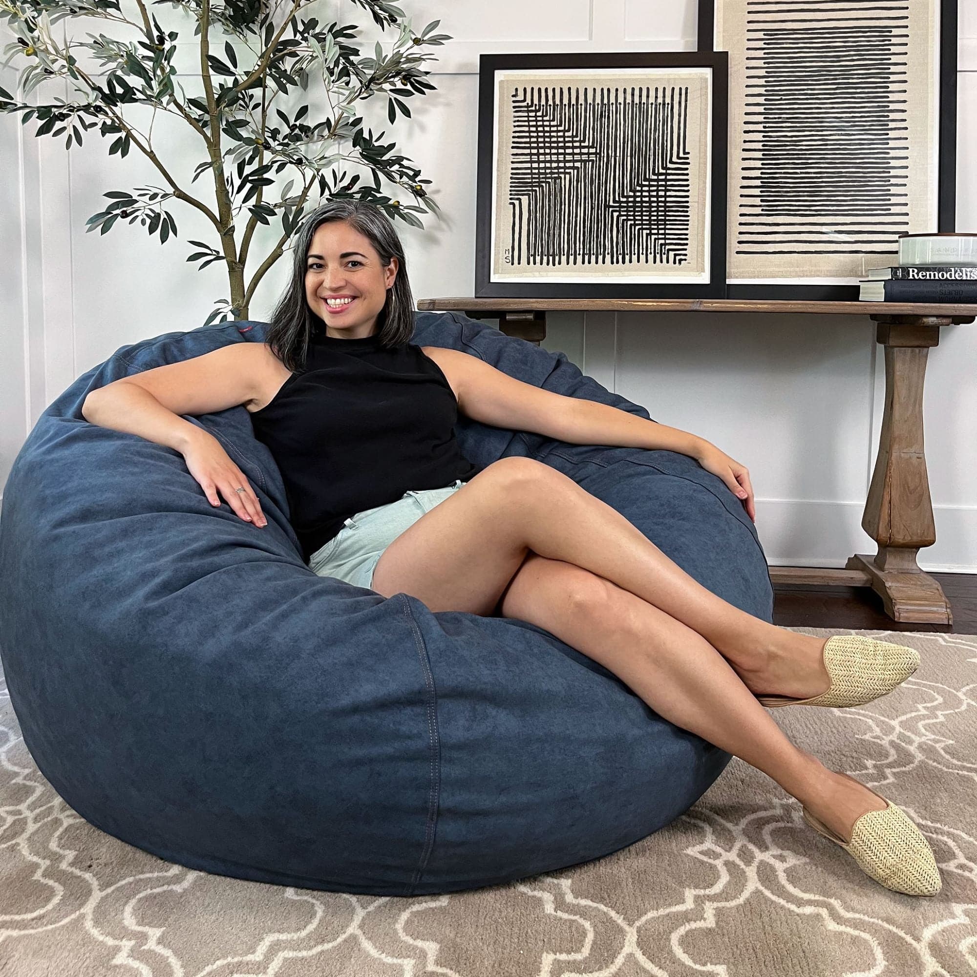 Premium Sueded Denim Bean Bag Chair - Queen Size for Adults & Teens - Perfect for Living Room, Bedroom, Dorm or Game Room Relaxation