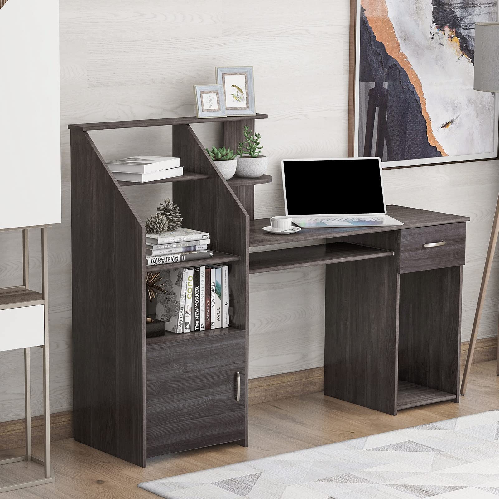 Modern Simple Style Wooden Computer Desk with Storage Shelf - Sturdy & Easy to Assemble Home Office Desk for Laptop & PC Workstation - Perfect for Small Spaces, Remote Work & Gaming Setup - Brown