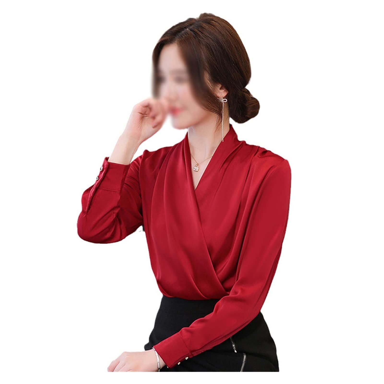 Elegant Women's Long Sleeve V-Neck Chiffon Blouse - Red Size L for Office Wear & Professional Attire | Perfect for Business Meetings, Work Events & Formal Occasions