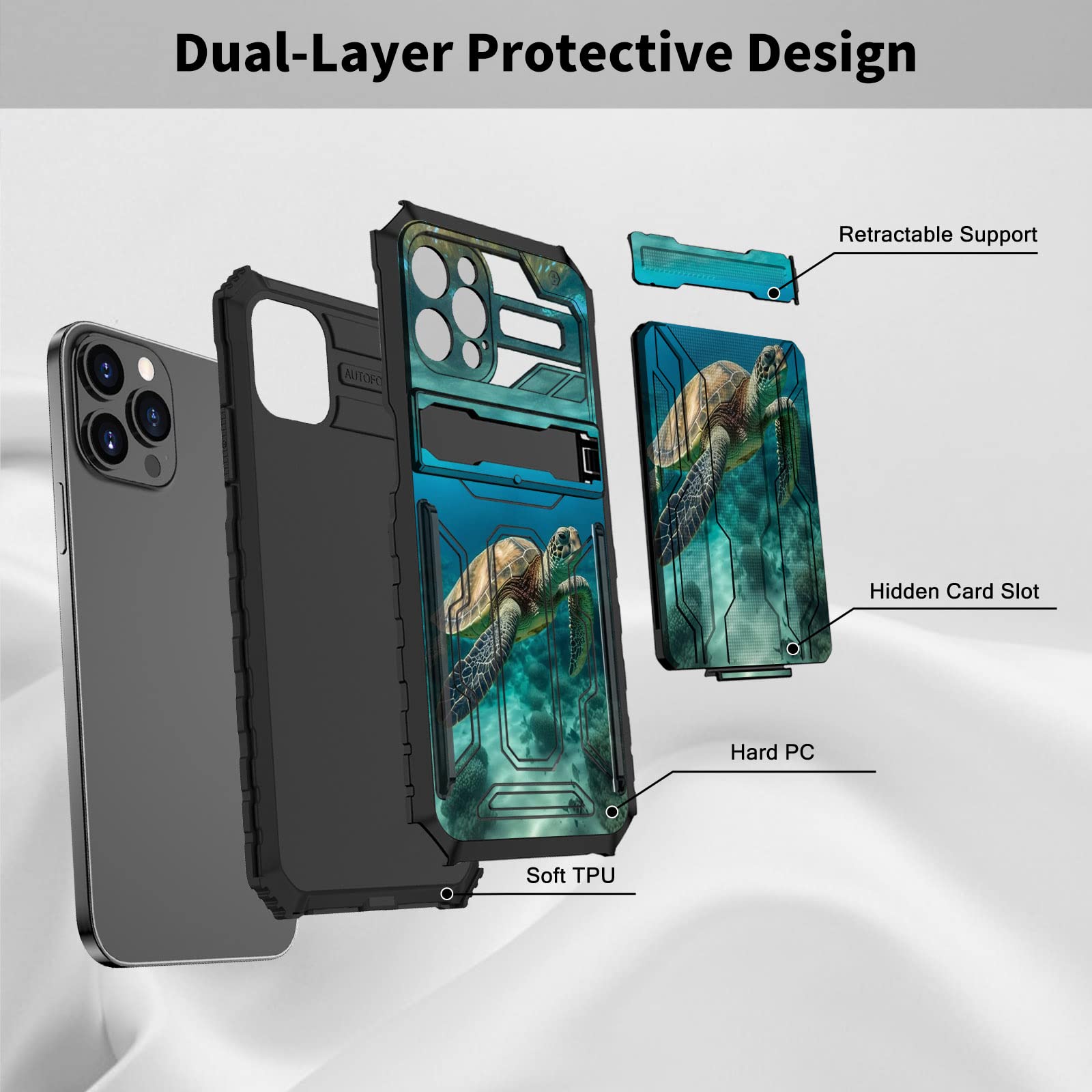 Shockproof iPhone 13 Pro Max Wallet Case with Credit Card Holder & Kickstand - Dual Layer Hard PC & Soft TPU Protective Cover for 6.7