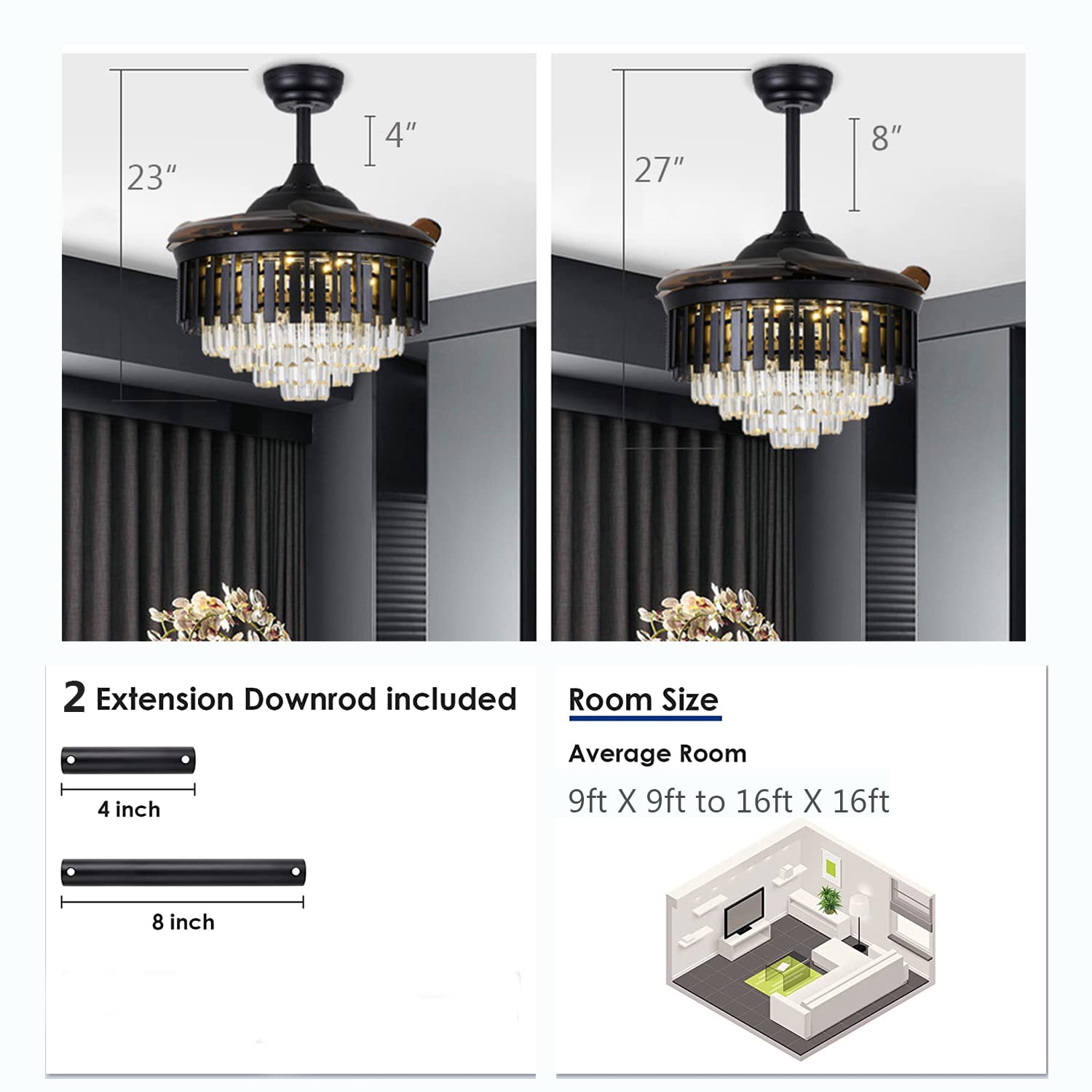 **Retractable Black Ceiling Fan with Lights & Remote Control - 3-Speed Quiet Fandelier for Bedroom, Living Room, Dining Room - Modern Chandelier Fan for Home & Office**