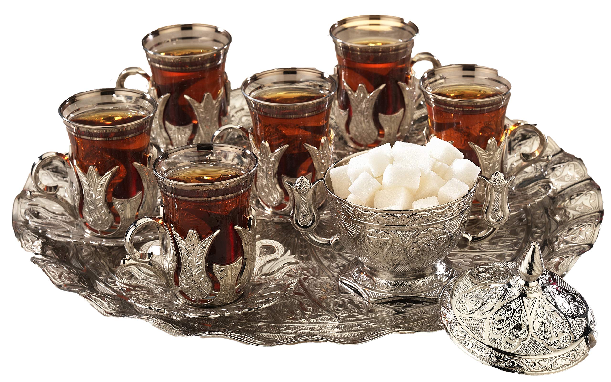 Premium 21-Piece Turkish Tea Set - Gold & Silver Plated Tea Glasses with Tray & Lidded Sugar Bowl - Authentic Handcrafted in Turkey - Elegant Gift Box - Perfect for Afternoon Tea, Home Decor & Special Occasions