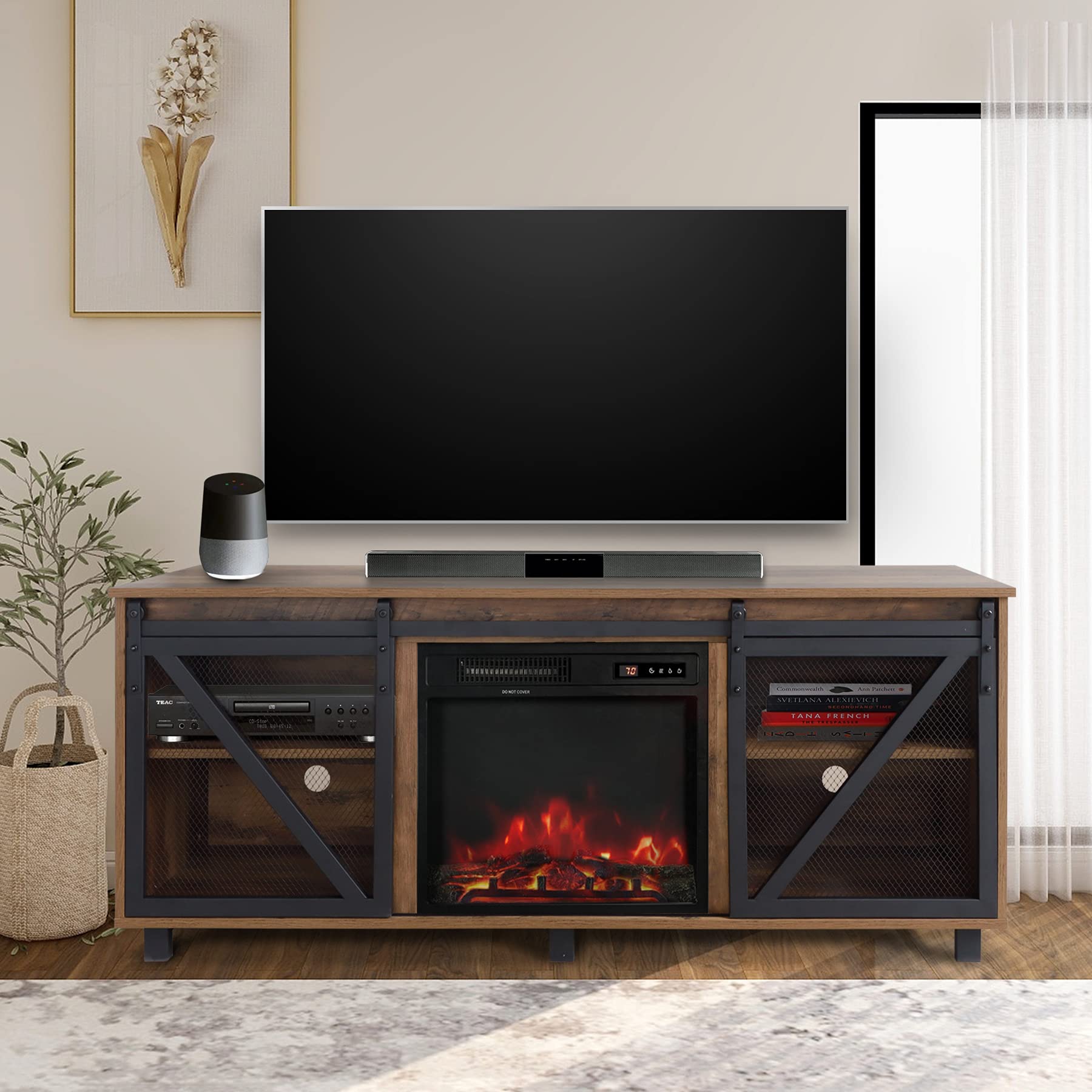 ENSTVER 58 Inch TV Stand with Fireplace - Rustic Barnwood Console Table with Sliding Barn Doors for 65 Inch TVs, Remote Control & Log Set - Perfect for Living Room, Bedroom & Home Theater Setup