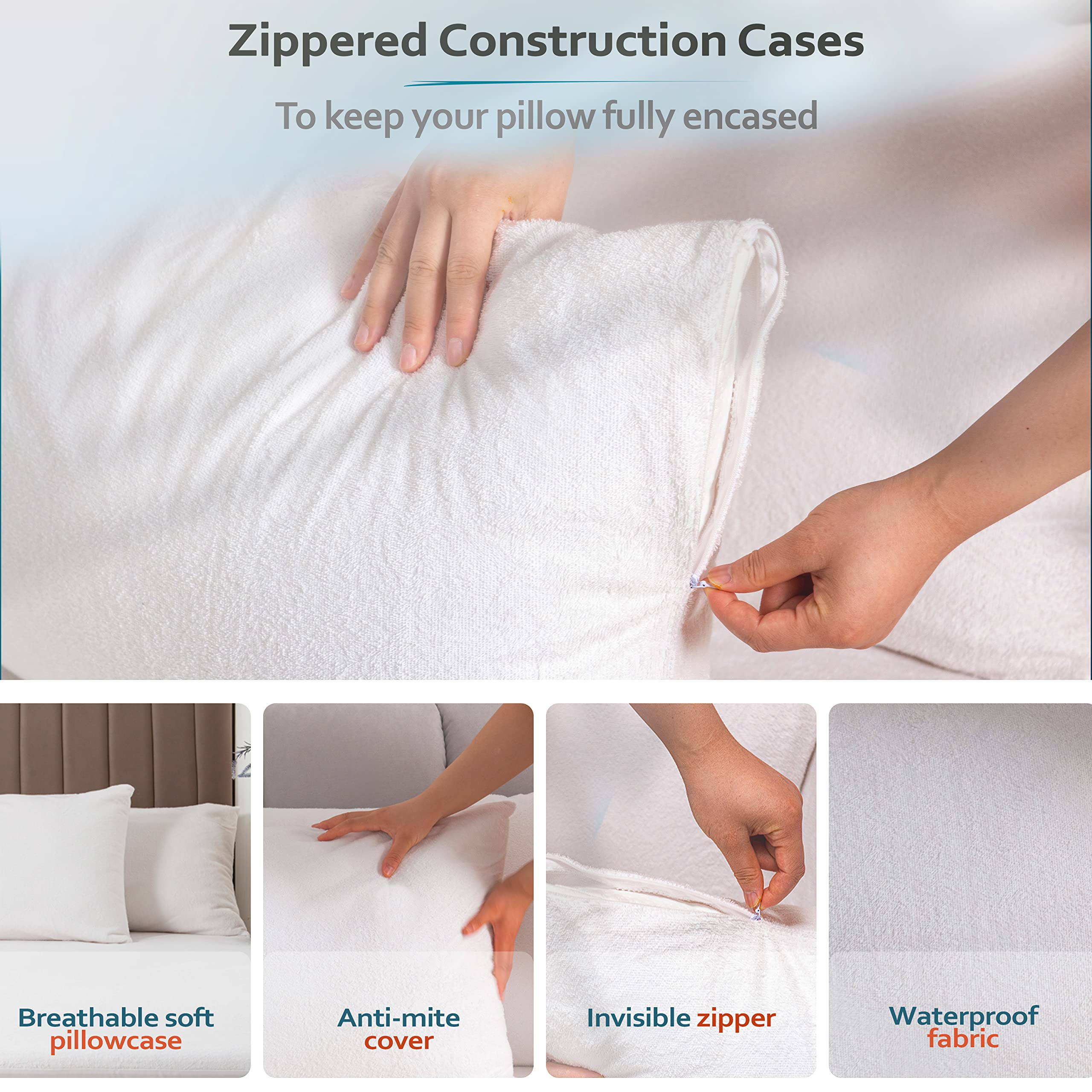 Premium Waterproof Pillow Protectors - King Size 20''x38'' Set of 2 - Soft Terry Cotton Zippered Pillow Covers - Hypoallergenic & Dust Proof - Ideal for Allergy Sufferers, Kids & Bedwetting Protection