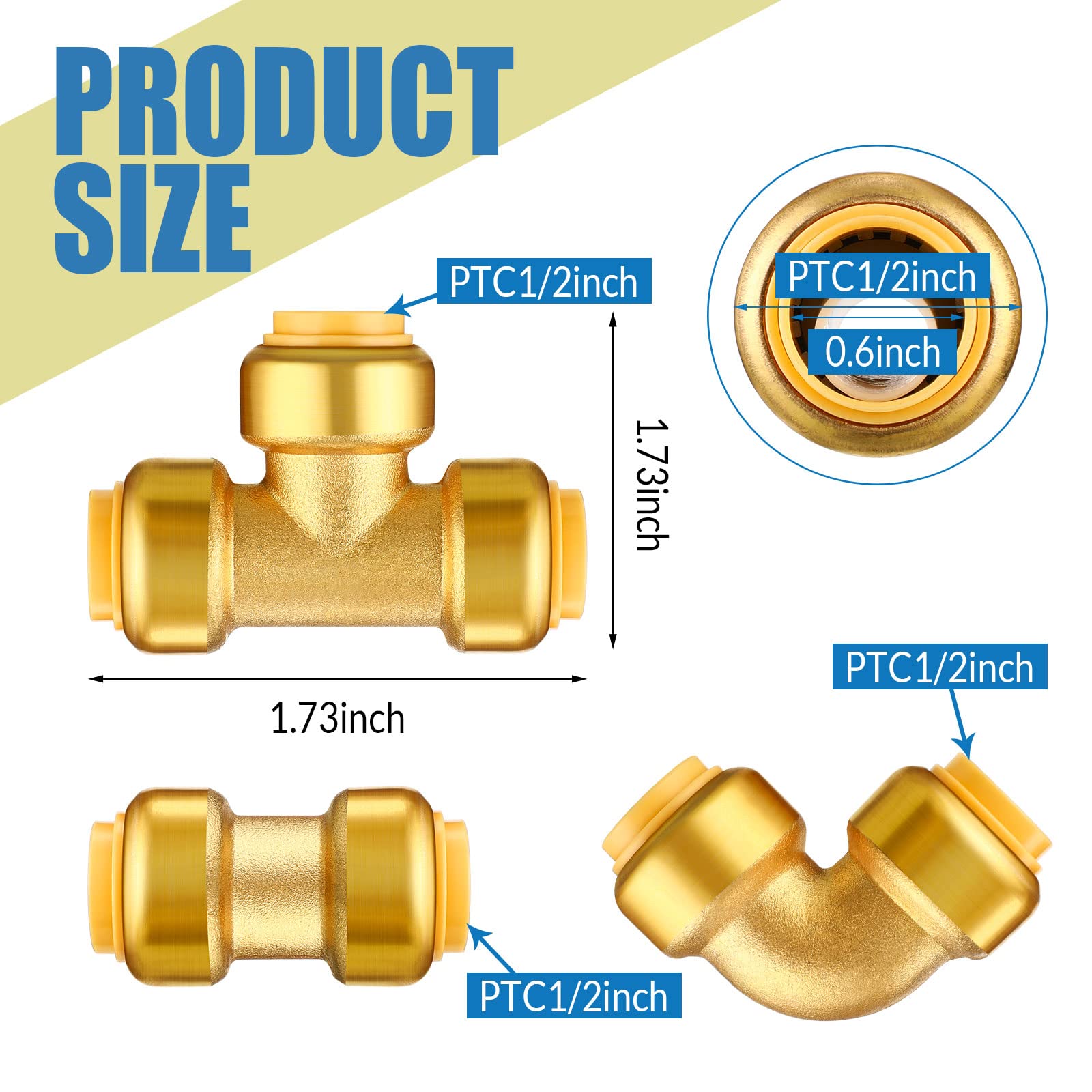 35 Pieces 1/2 Inch Push to Connect Brass Plumbing Fittings Kit - 14 Straight Couplings, 14 Pcs 90 Degree Elbows & 7 Tee Push Fit Connectors for Copper PEX CPVC Pipe - Perfect for DIY Plumbing Repairs and Water Supply Installations