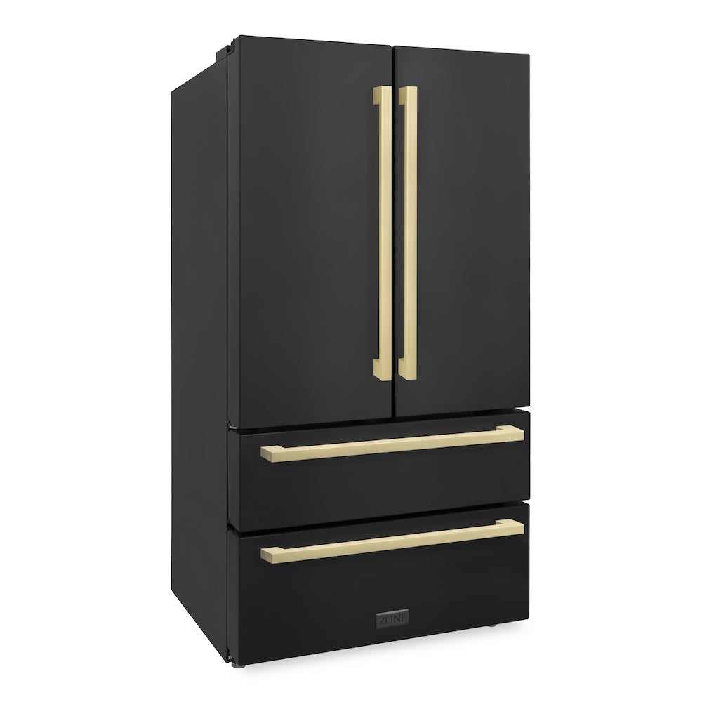 ZLINE Autograph Edition 36 Inch Counter Depth French Door Refrigerator - 22.5 cu.ft Capacity, Fingerprint Resistant Black Stainless Steel with Champagne Bronze Handles, Built-in Ice Maker | Perfect for Modern Kitchens, Open Concept Homes & Entertaining Guests