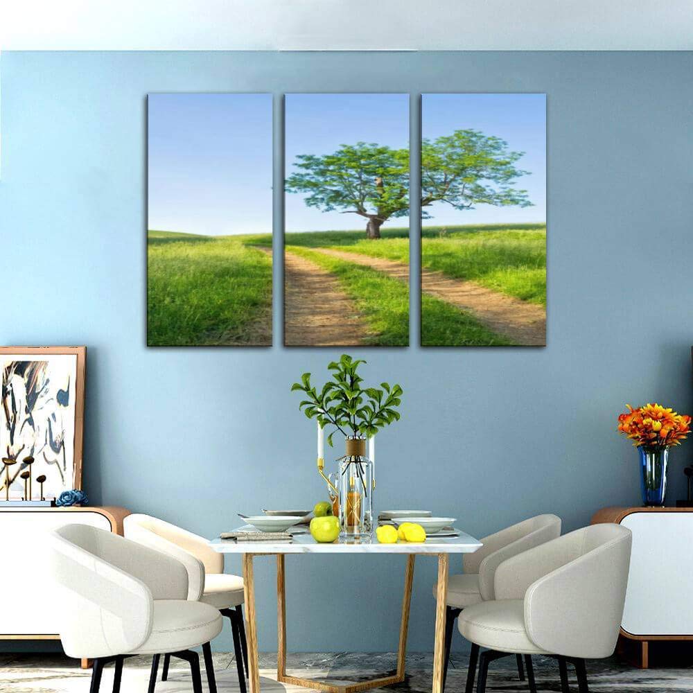 Blaverr Idyllic Farm Scene Country Road Single Tree Canvas Wall Art - 3 Panel Paintings for Living Room Bedroom Decor - Farmhouse Landscape Poster for Home Office Nursery Wall Decoration