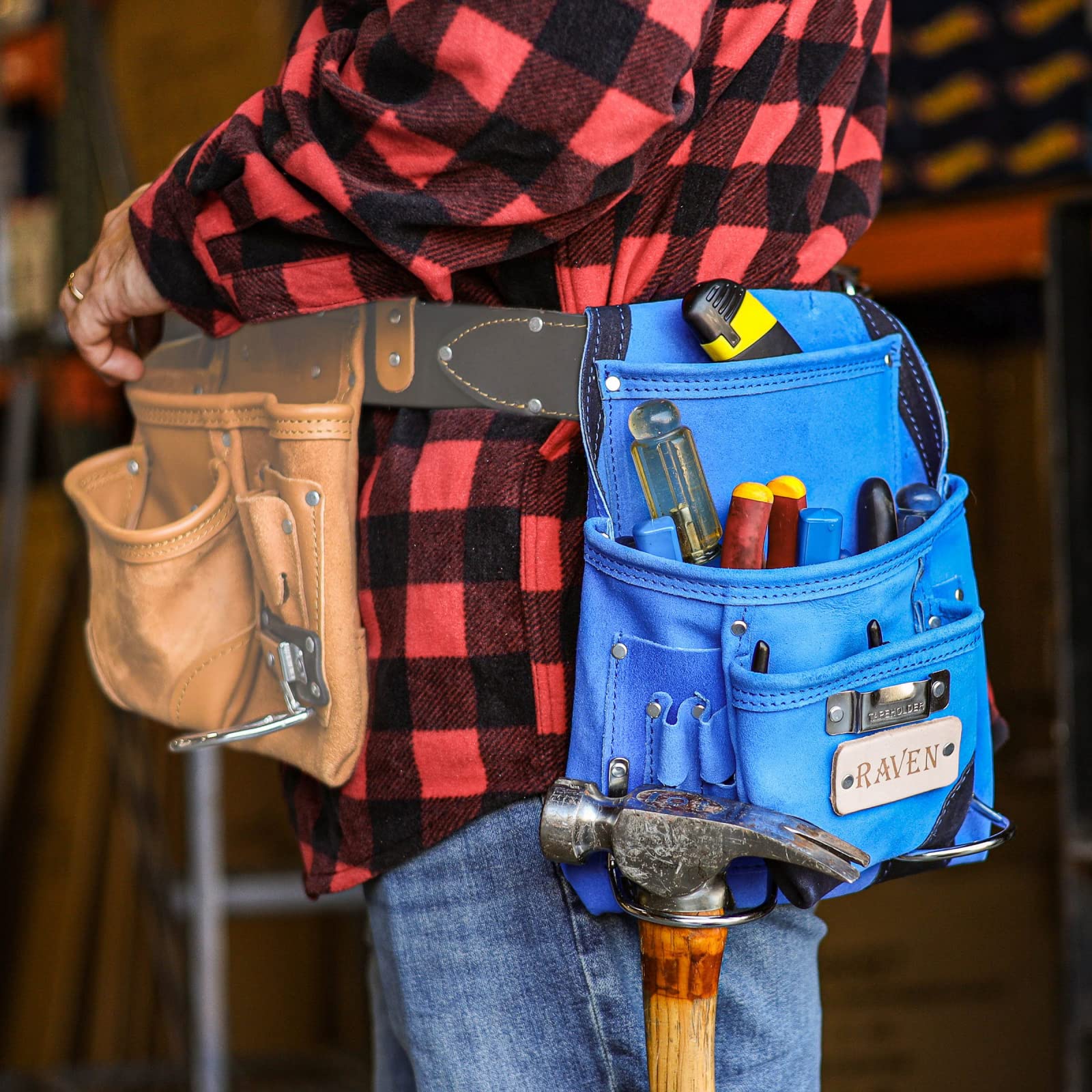 10-Pocket Suede Leather Tool Pouch - Heavy Duty Hammer Drill Tool Bag for Construction, DIY & Home Improvement Projects