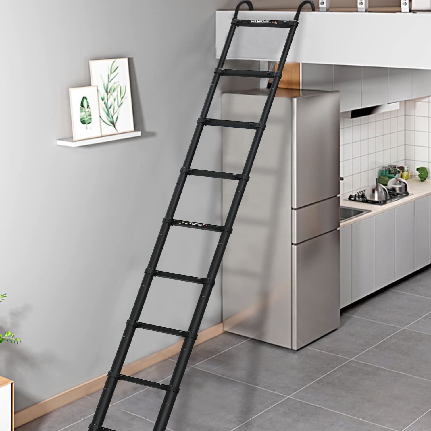 12.5FT Aluminum Telescoping Extension Ladder - EN131 Certified Folding Attic Ladder with 2 Detachable Hooks & Non-Slip Strap - Multi-Purpose Indoor/Outdoor Use for Home, Loft, Warehouse & DIY Projects