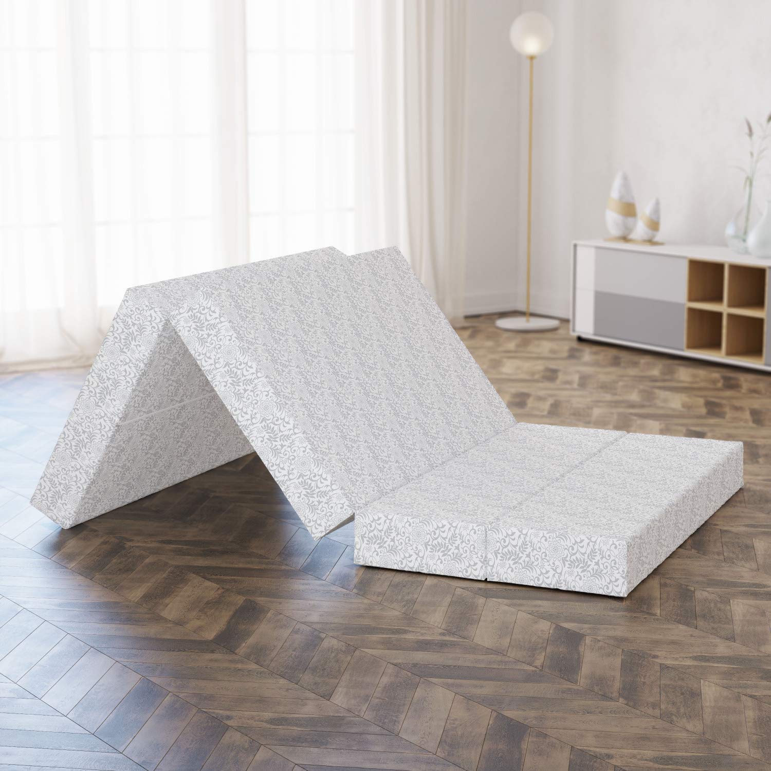Ambesonne Floral Foldable Mattress - Grey White Ornate Carnation Flowers Design, 78.7