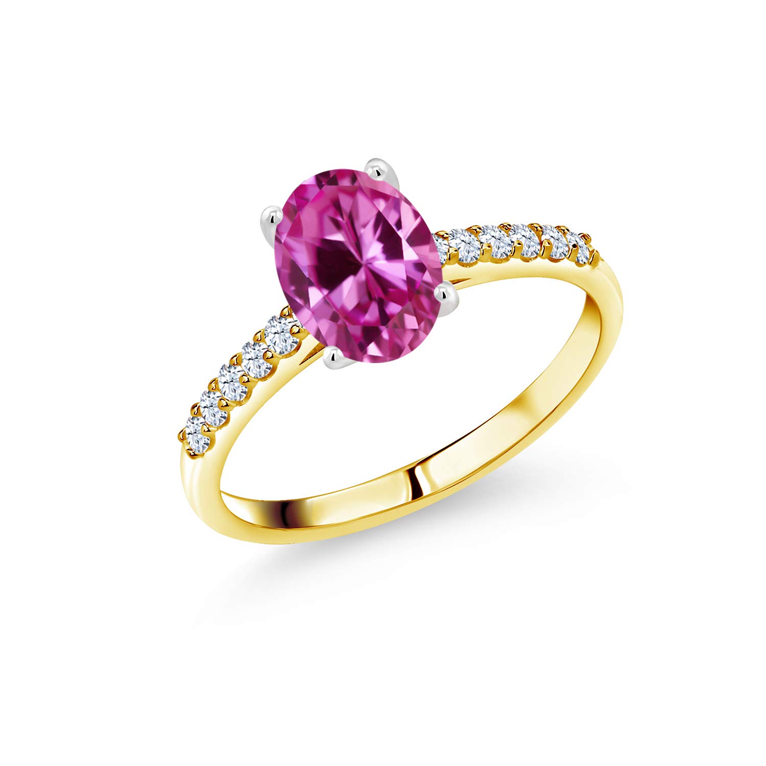 1.83 Ct Pink & White Created Sapphire 10K Yellow Gold Ring with White Gold Prongs | Elegant Engagement, Wedding, Anniversary Jewelry Gift for Women