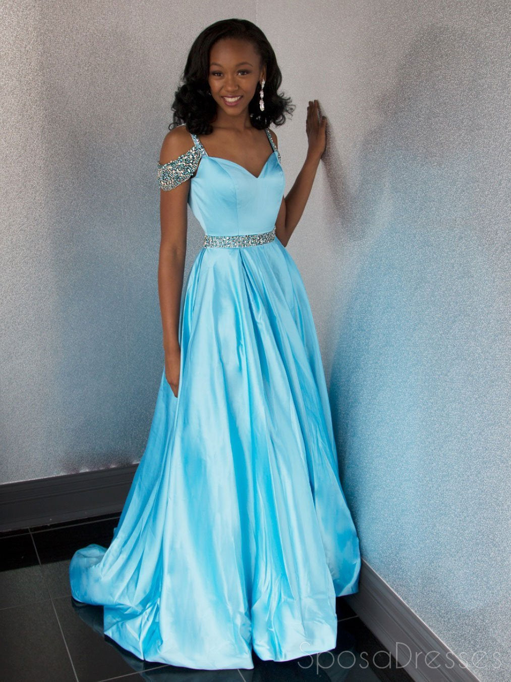 Elegant Off Shoulder Blue Beaded A-Line Evening Prom Dress for Sweet 16 | Formal Gown with Sparkling Details | Perfect for Homecoming, Prom Night & Special Occasions