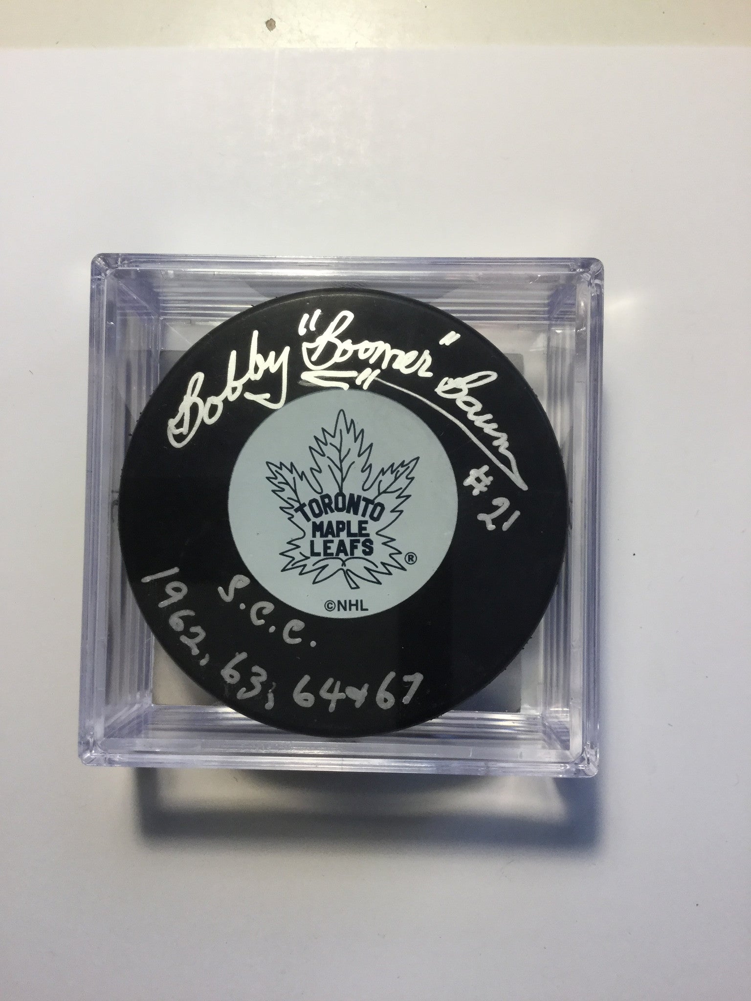 Bobby Baun Autographed Hockey Puck with COA - Authentic Signed NHL Collectible for Hockey Fans and Memorabilia Collectors - Perfect for Display, Gifts, and Sports Enthusiasts