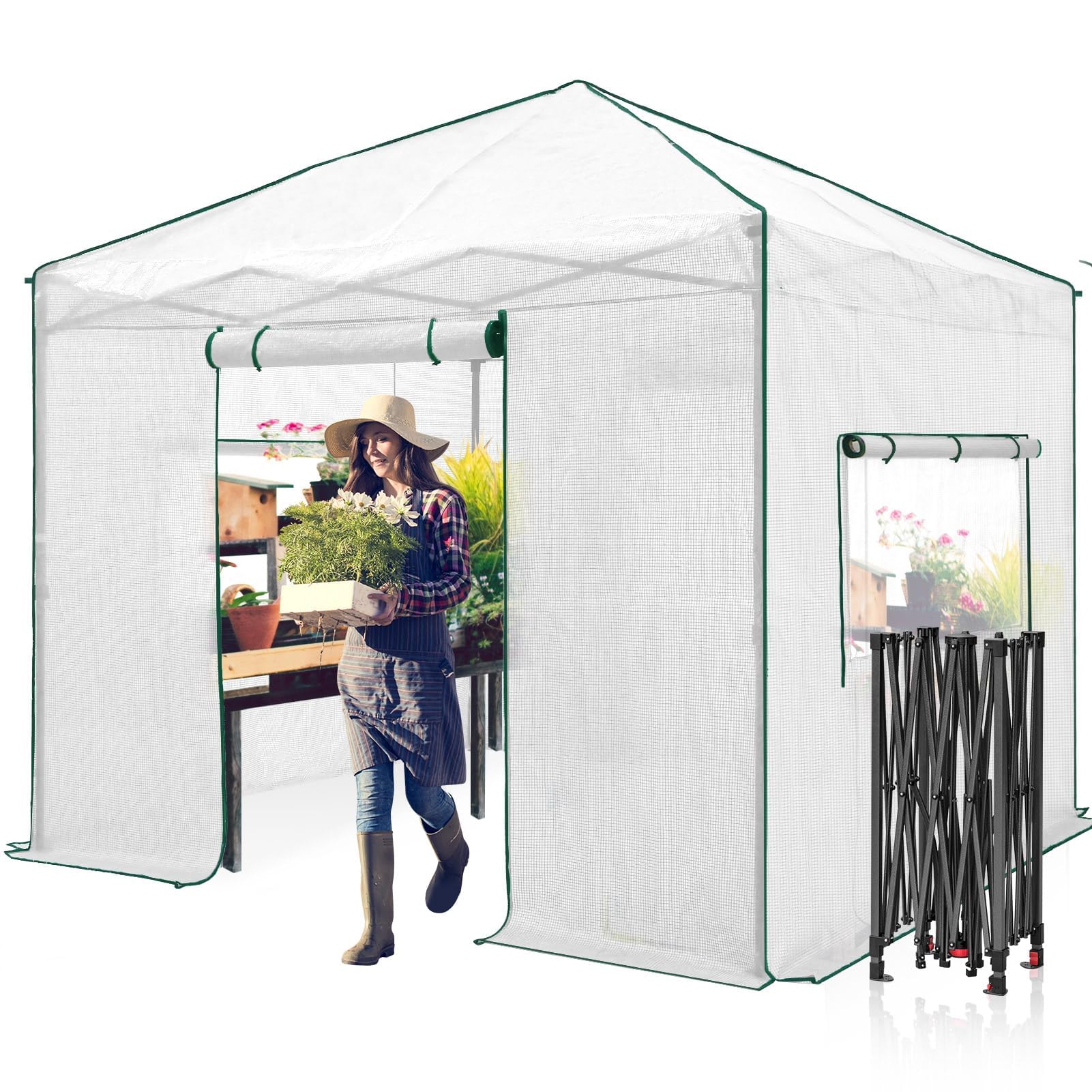 EAGLE PEAK 10x10 Portable Walk-in Greenhouse for Indoor Outdoor Gardening - Pop Up Plant Greenhouse with Zippered Doors & Windows, PE Cover in White - Perfect for Backyard, Patio & Home Garden Protection