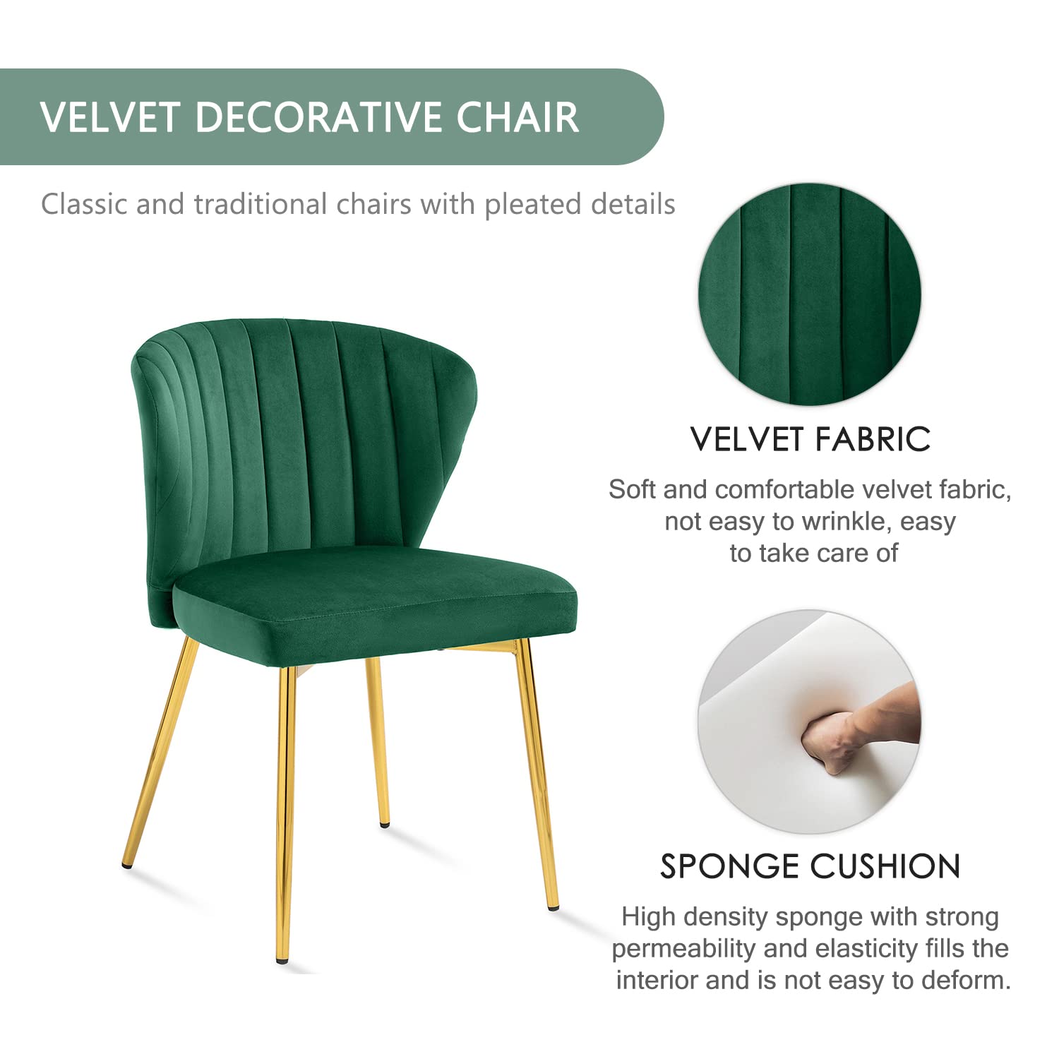 Luxury Velvet Dining Chairs Set of 4 - Tufted Upholstered Mid Century Modern Chairs with Golden Metal Legs for Dining Room, Kitchen, Living Room - Elegant Green Accent Seating for Home Decor & Entertaining