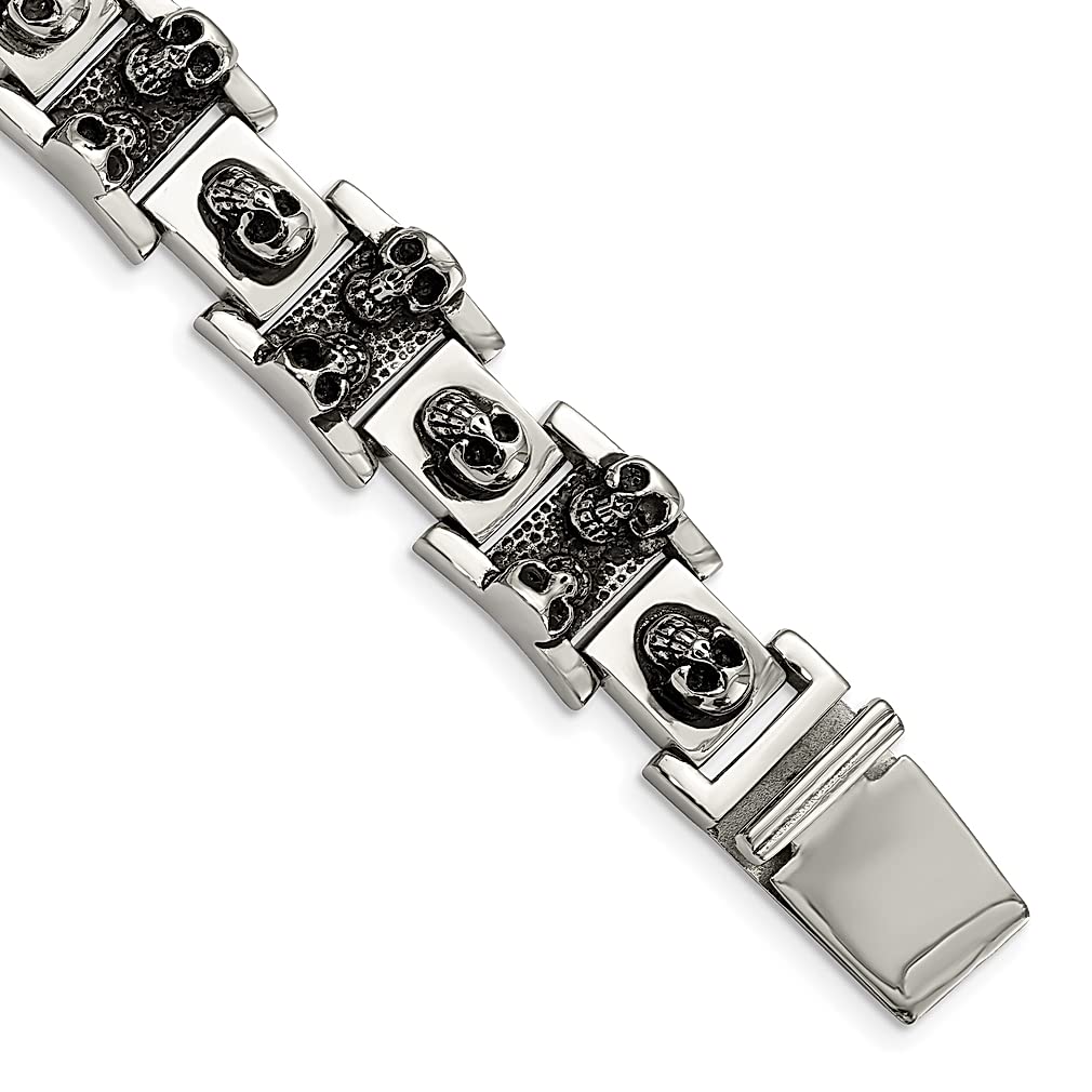 ICE CARATS 8.25 Inch Stainless Steel Skull Link Bracelet - Gothic Punk Jewelry for Women & Men - Perfect Gift for Her - Ideal for Halloween, Rock Concerts & Alternative Fashion