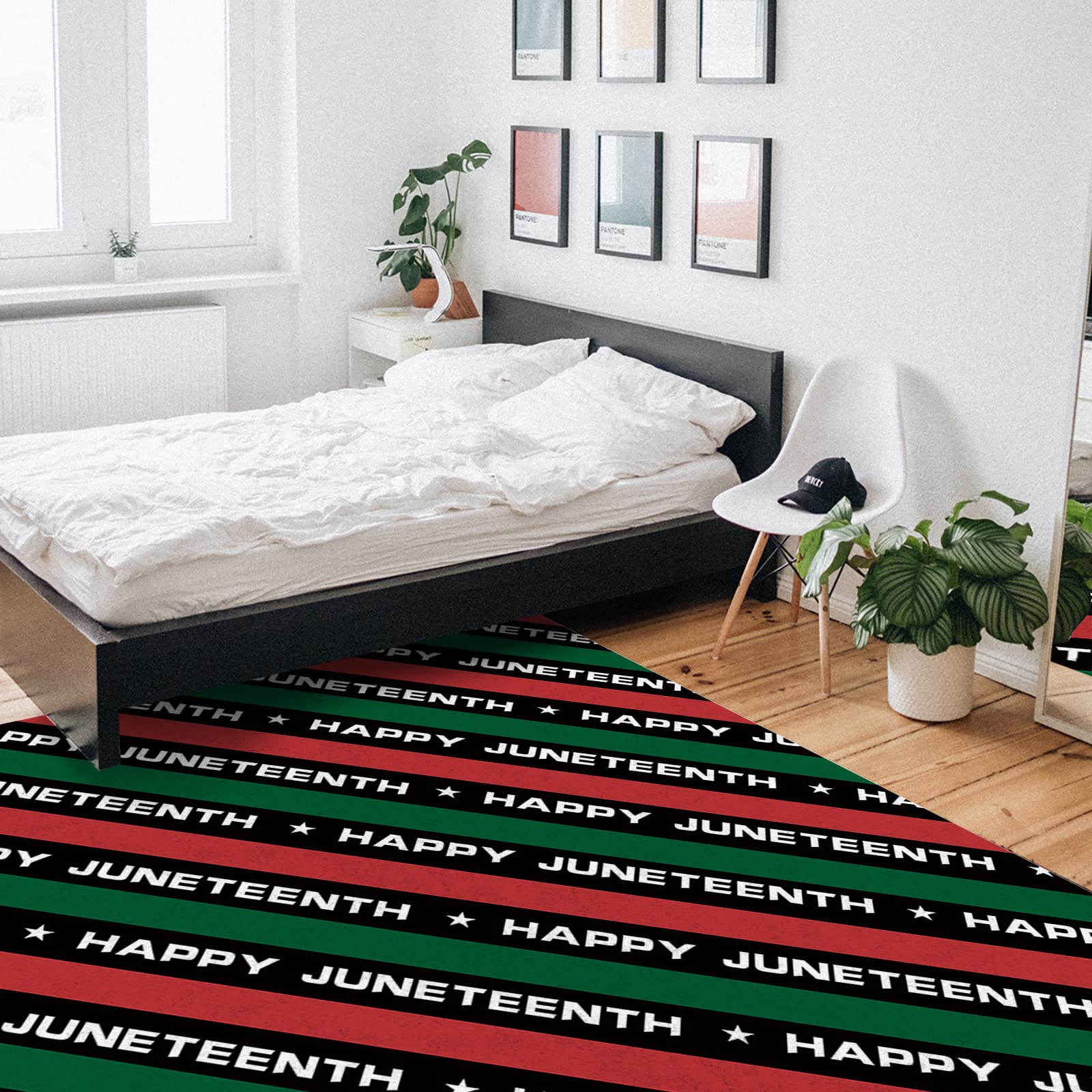 5'x8' Large Non-Slip Area Rug - Happy Juneteenth Striped Carpet in Red & Green for Bedroom, Living Room, Kitchen & Kids Room - Soft Floor Mat for Home Decor & Safety