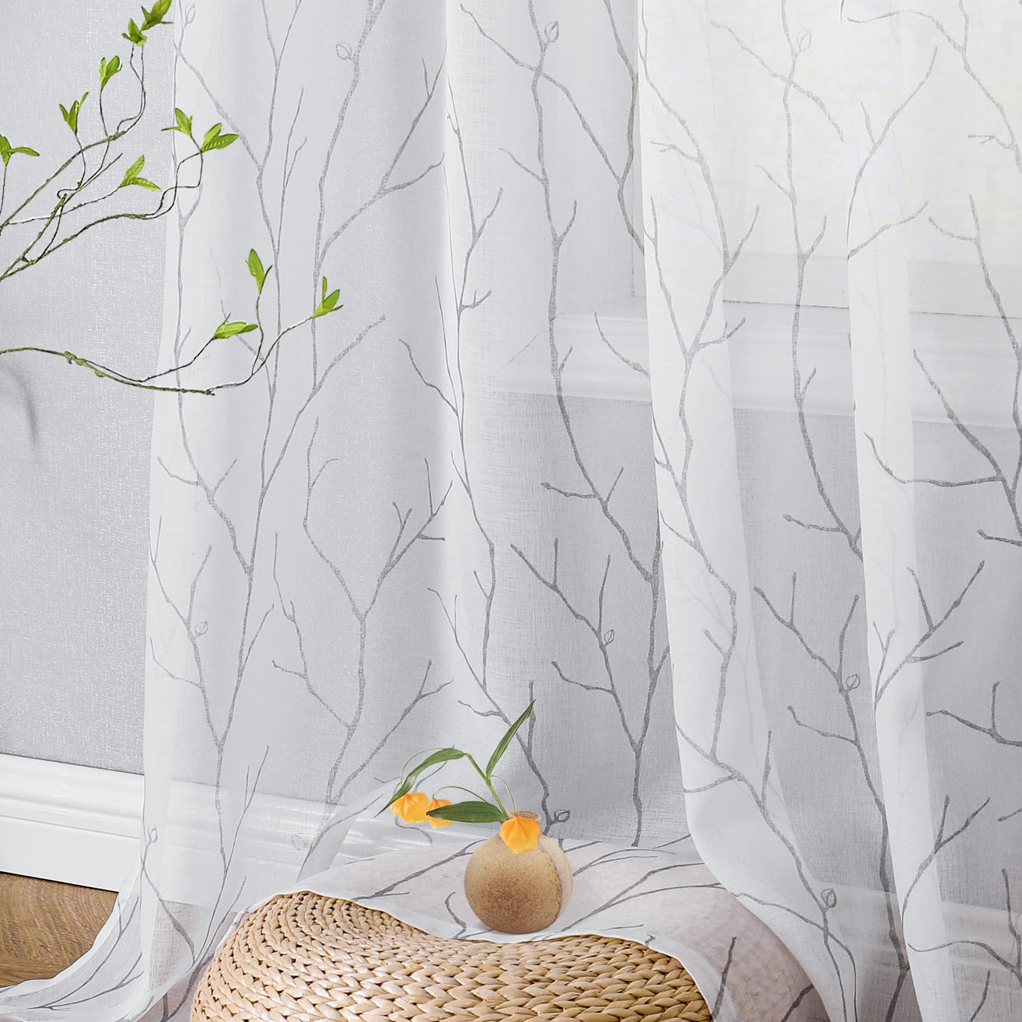 BUHUA Sheer Window Curtains 52x63 Inches - 2 Panel Set with Christmas Tree Pattern, Semi-Transparent White Kitchen & Living Room Drapes for Privacy & Holiday Decor