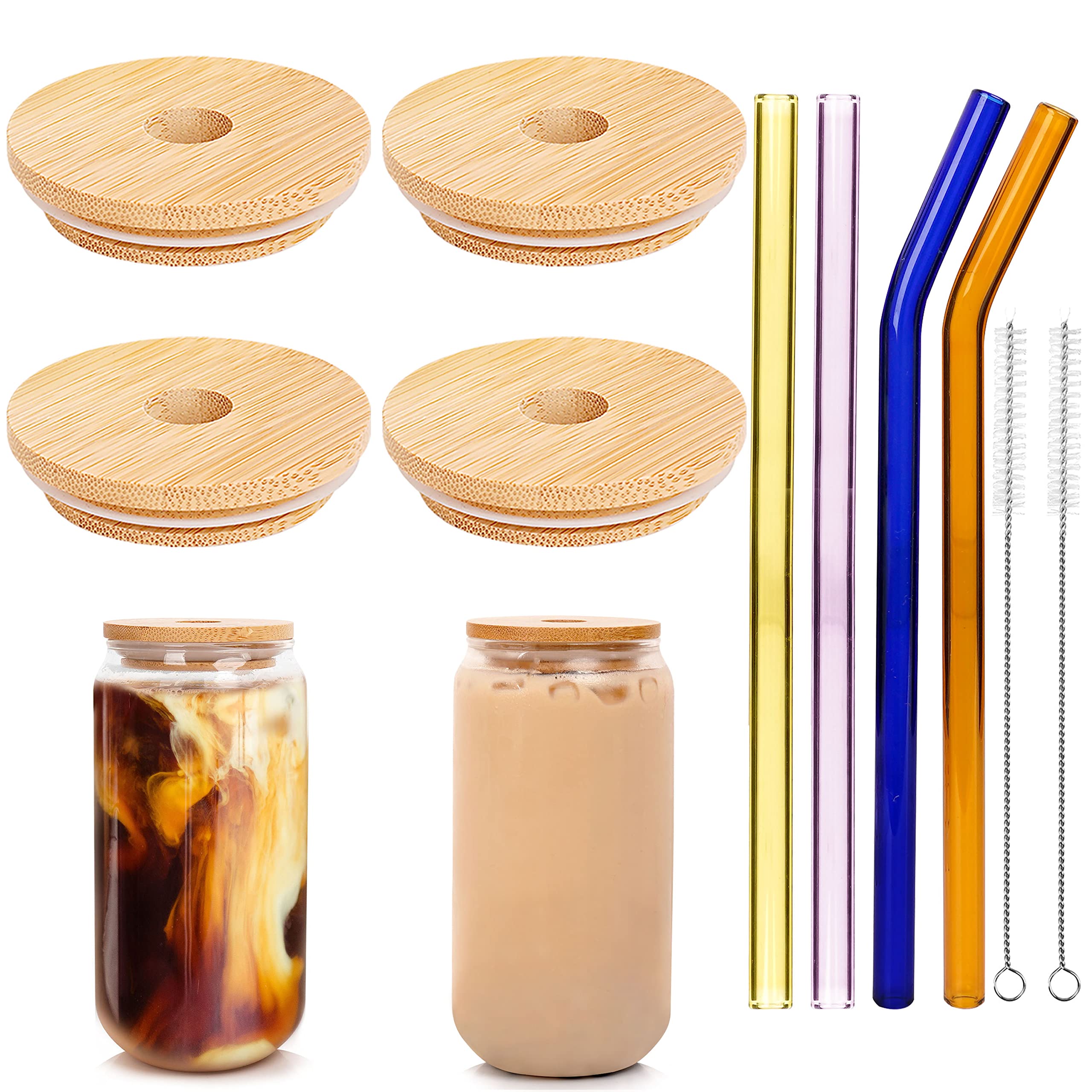 Reusable Bamboo Mason Jar Lids with Straw Hole - 4 Pack Eco-Friendly Drinking Lids for Regular Mouth Jars + 4 Colorful Glass Straws - Perfect for Iced Coffee, Boba Tea & Beer Can Glasses