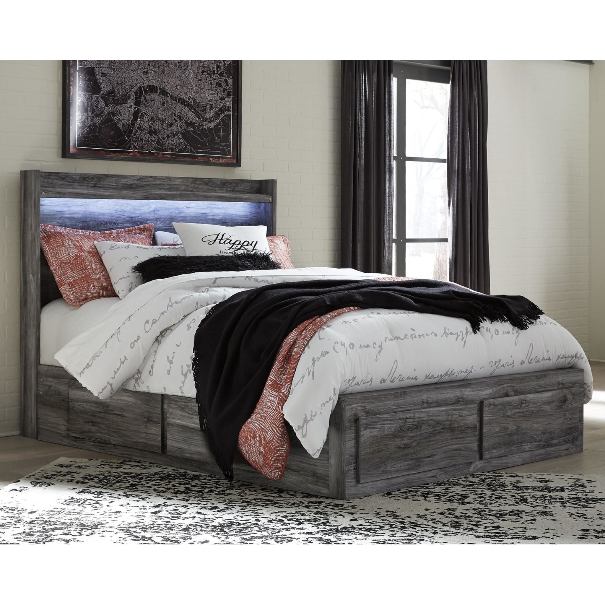Baystorm Panel Bed with 4 Drawer Storage - Gray Queen Size Bed Frame with Underbed Storage | Modern Bedroom Furniture for Small Spaces & Guest Rooms