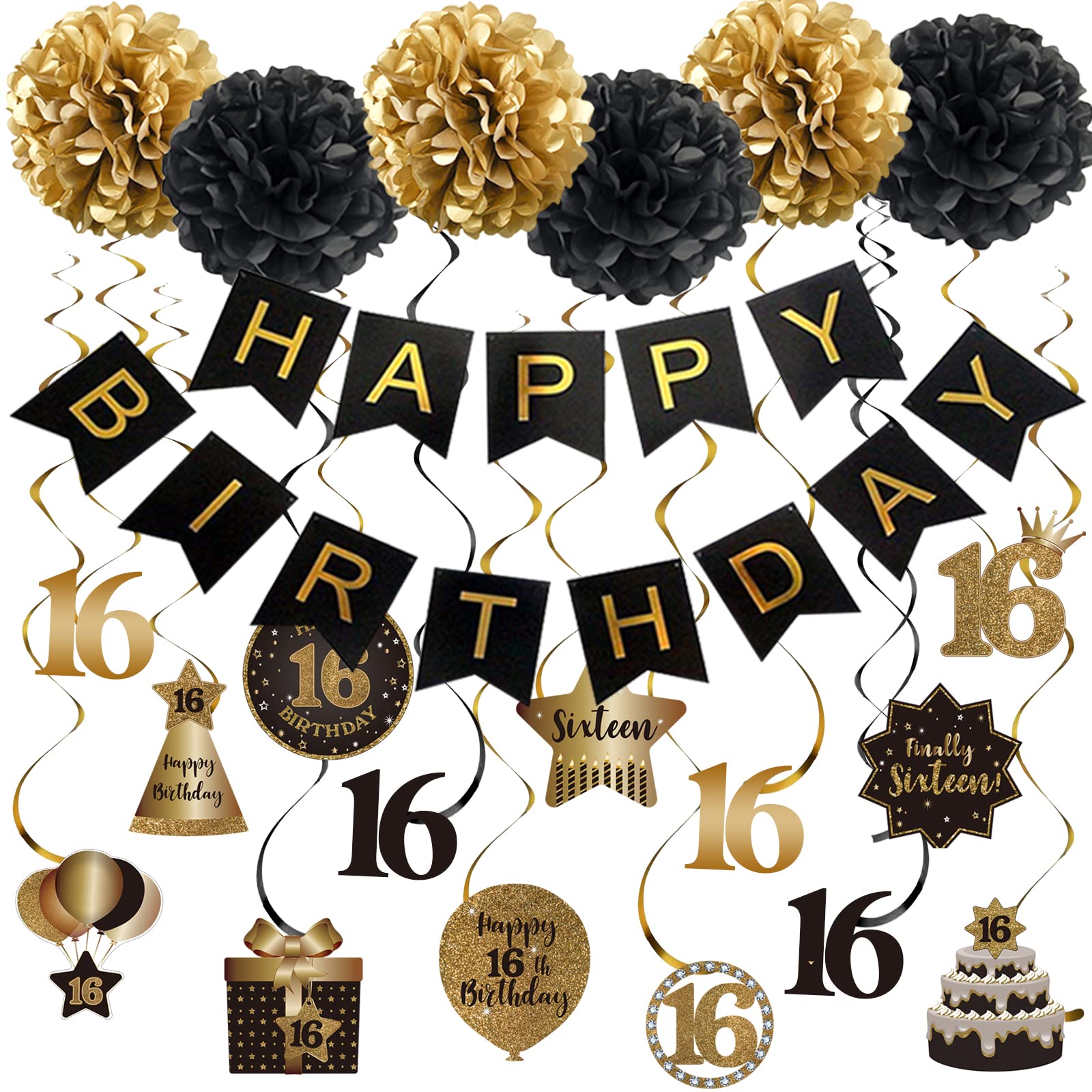 BRT Bearingshui Happy 16th Birthday Decorations Set - Gold & Black Swirl Streamers, Tissue Pom Poms & Hanging Banner for Sweet 16 Party Backdrop | Perfect for Birthday Celebrations, Milestone Decor & Photo Booth Backgrounds