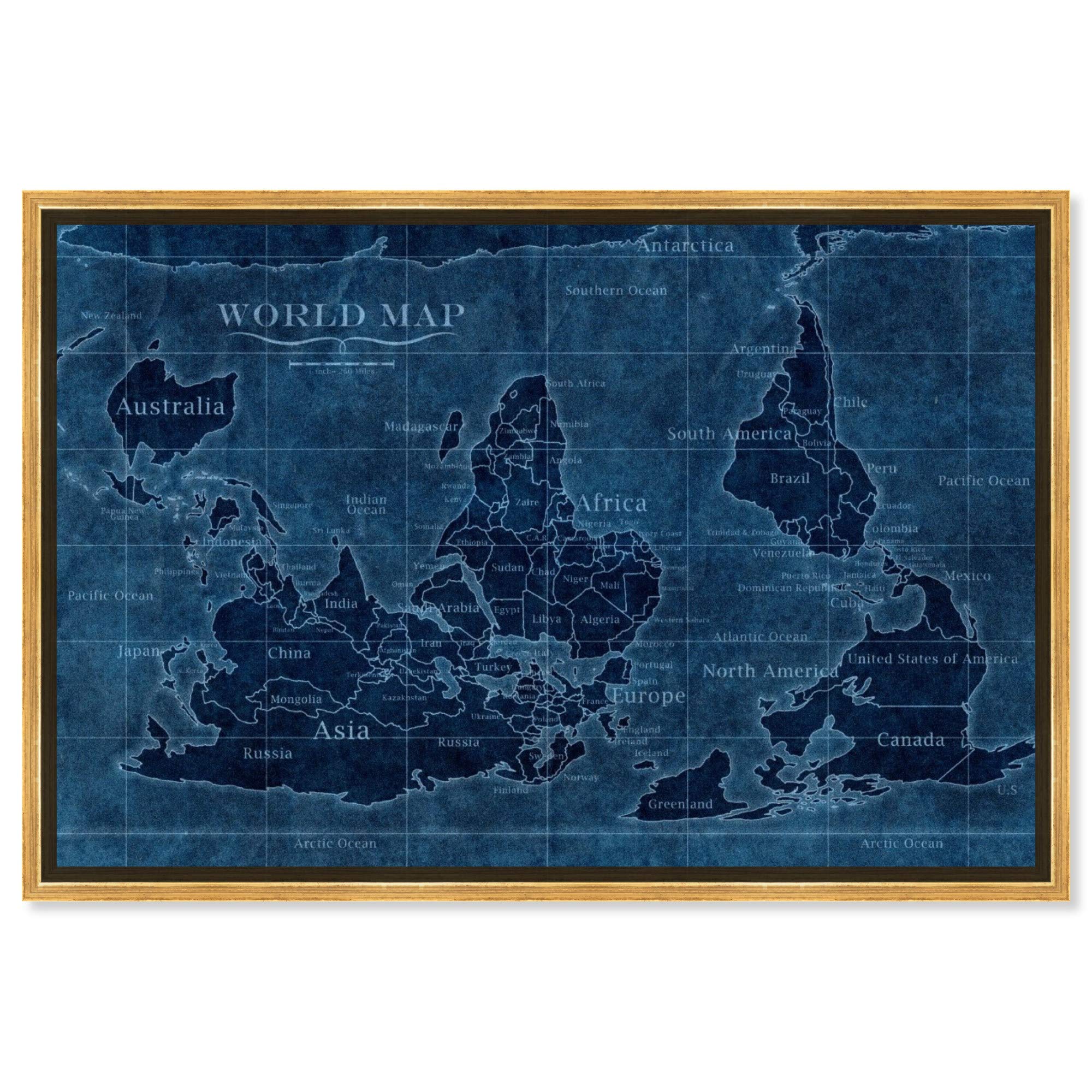 Upside-Down World Map Framed Wall Art - Premium Canvas Prints for Home & Office Decor | Unique World Maps & Flags Design for Living Room, Bedroom or Study