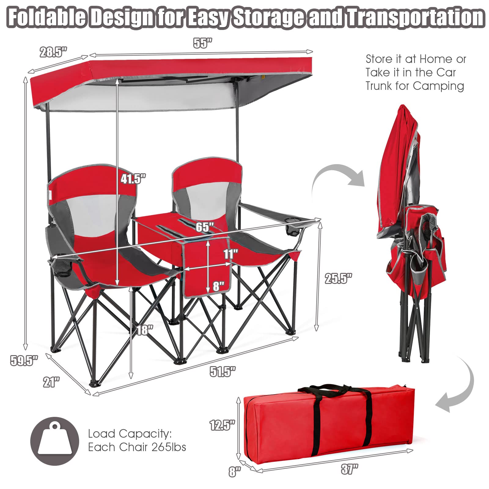 SAFSTAR 2-Person Folding Camping Chair with Shade Canopy - Portable Beach Chair with Cup Holder, Mini Table & Carrying Bag - Compact Outdoor Chairs for Camping, Backyard, Patio, Pool & Beach Picnics - Red