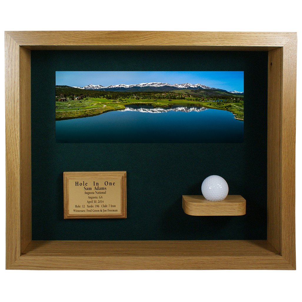 Premium Golf Hole in One Shadowbox Display Case - Personalized Engraved Wall Mount for Golf Ball, Scorecard & Photo - Horizontal Oak Wood Trophy Case for Home, Office or Clubhouse Decor