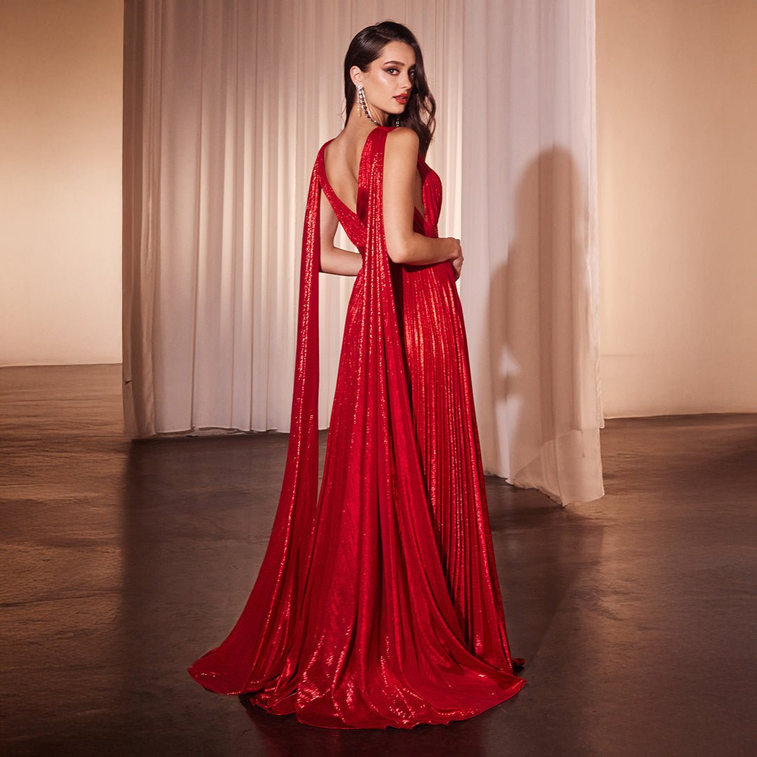 Ladivine by Cinderella Divine Metallic Red Pleated A-Line Prom Gown - Elegant Formal Dress for Homecoming, Ball, and Special Occasions