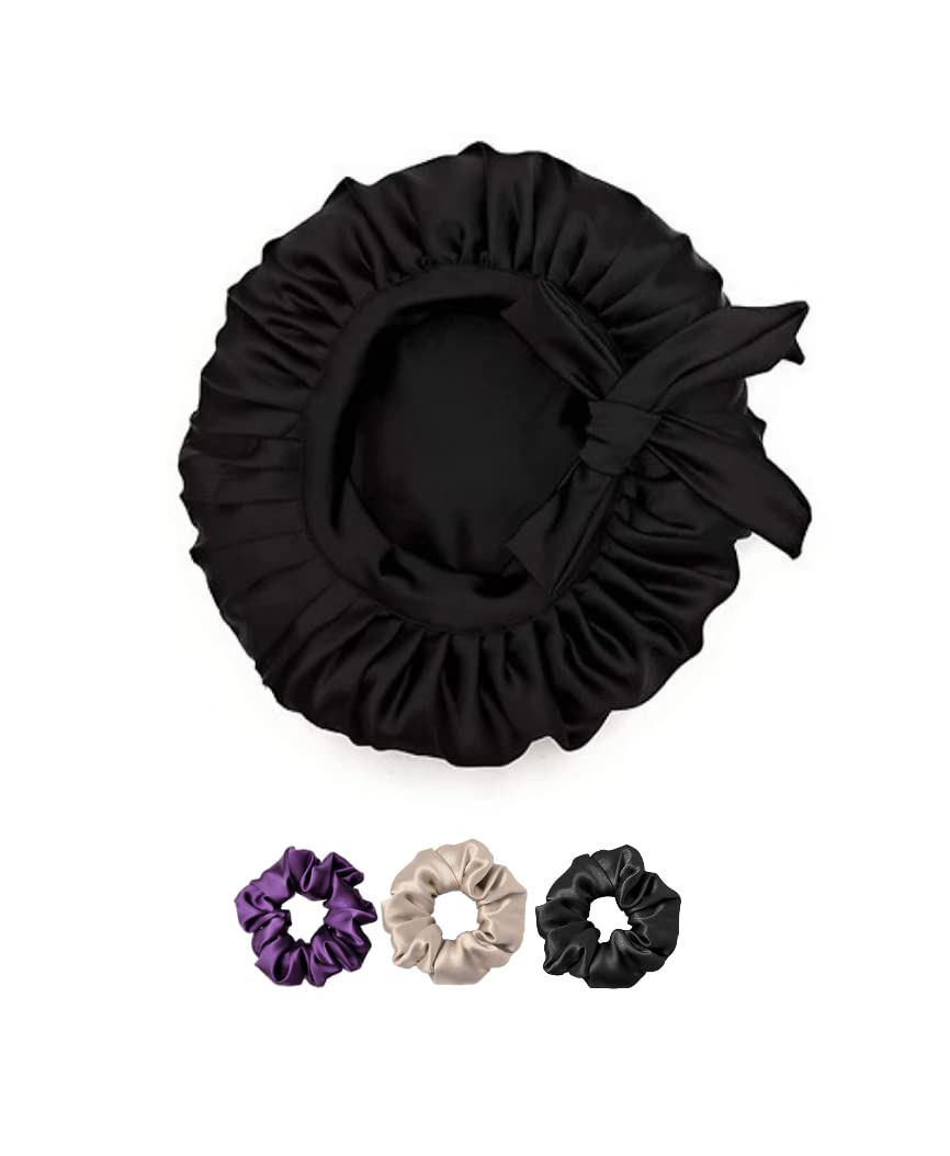 Atrube Satin Hair Bonnet Cap for Women - Soft Protective Night Sleeping Cap for Curly, Natural & Afro Hair - Breathable Silk-Like Bonnet for Hair Growth & Moisture Retention - Perfect for Bedtime, Travel & Salon Styling (Black)