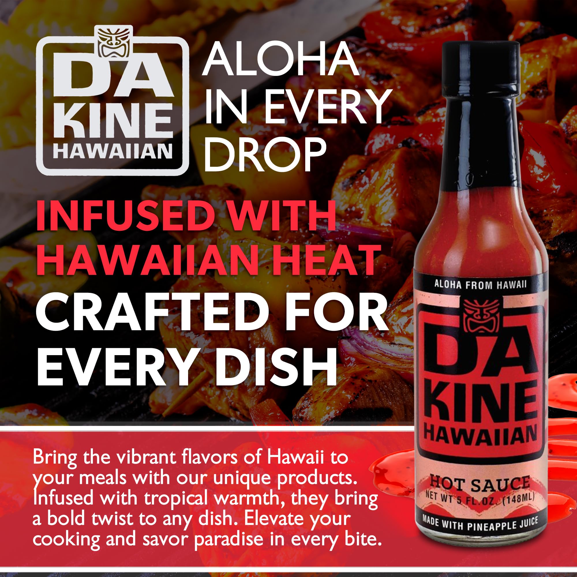 Da Kine Hawaiian Gourmet Pineapple Hot Sauce - Vegan & Gluten-Free, Small Batch Crafted, Sweet & Spicy Flavor - Perfect for Tacos, Burgers, Seafood & BBQ - 5 fl oz Hot Sauce Bottle (1-Pack)