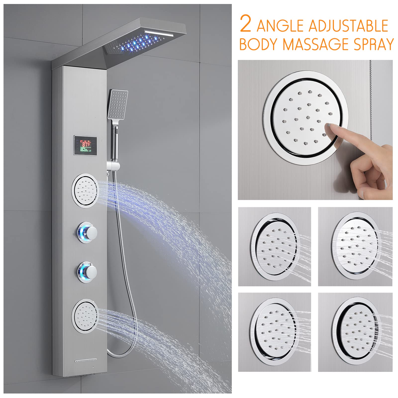 ROVATE 5-in-1 LED Shower Panel Tower System with Rainfall Shower Head, Body Massage Jets, Handheld Shower & Tub Spout - Brushed Stainless Steel for Spa-Like Bathroom Experience
