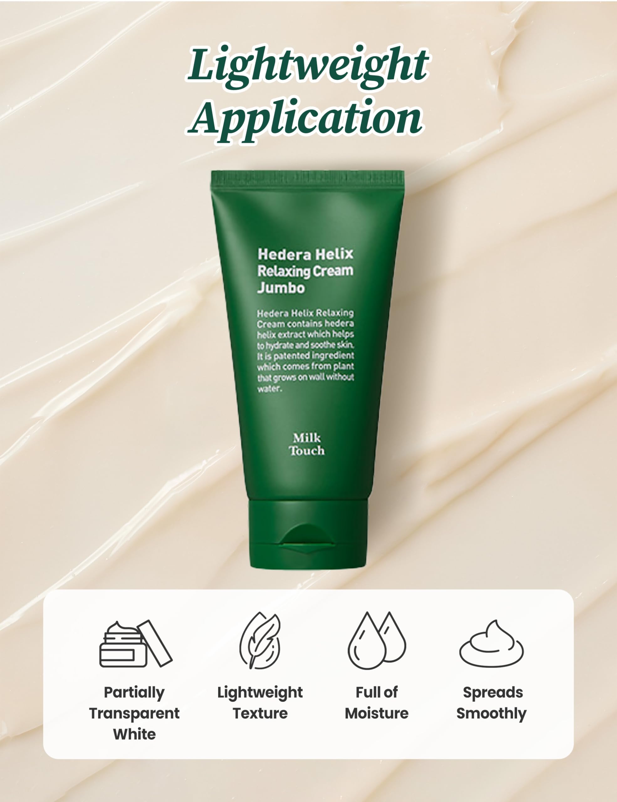 MILKTOUCH Hedera Helix Relaxing Cream Jumbo 3.38 oz - Redness Relief & Hydrating Face Moisturizer for Sensitive Skin with Cica Extract, Soothes Rosacea & Calms Irritation - Perfect for Daily Skincare Routine & Post-Treatment Care
