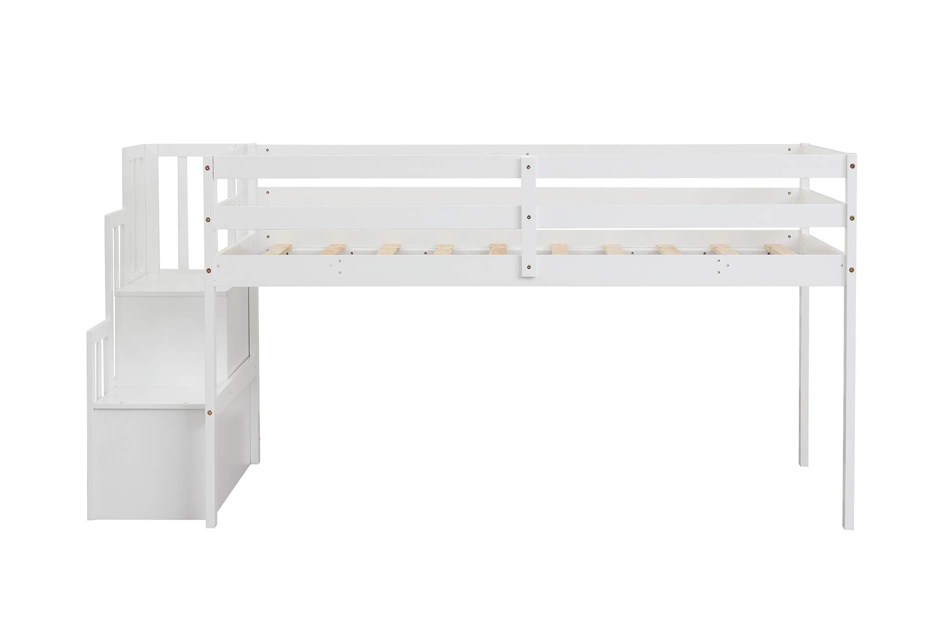 Twin Size Solid Wood Loft Bed with Staircase Storage Shelf - Kids Bunk Bed with Ladder & Shelves - Space Saving White Wooden Bed for Small Rooms - Perfect for Kids Bedrooms, Dorms & Tiny Homes