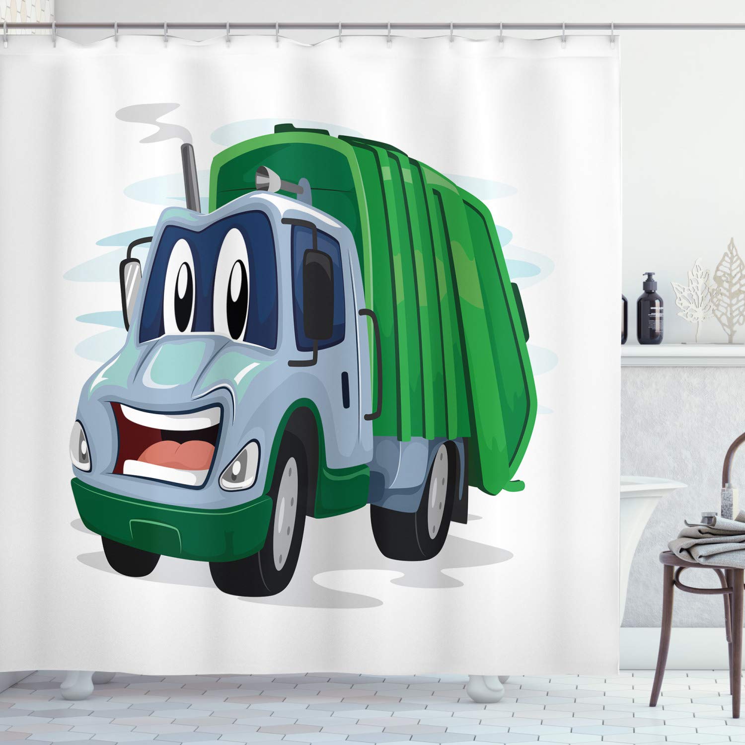 Ambesonne Funny Garbage Truck Shower Curtain - Cartoon Trash Vehicle with Smile Design, 69x75 Inch Colorful Fabric Bathroom Decor with Hooks | Perfect for Kids' Bathrooms, Themed Parties & Unique Gift Ideas