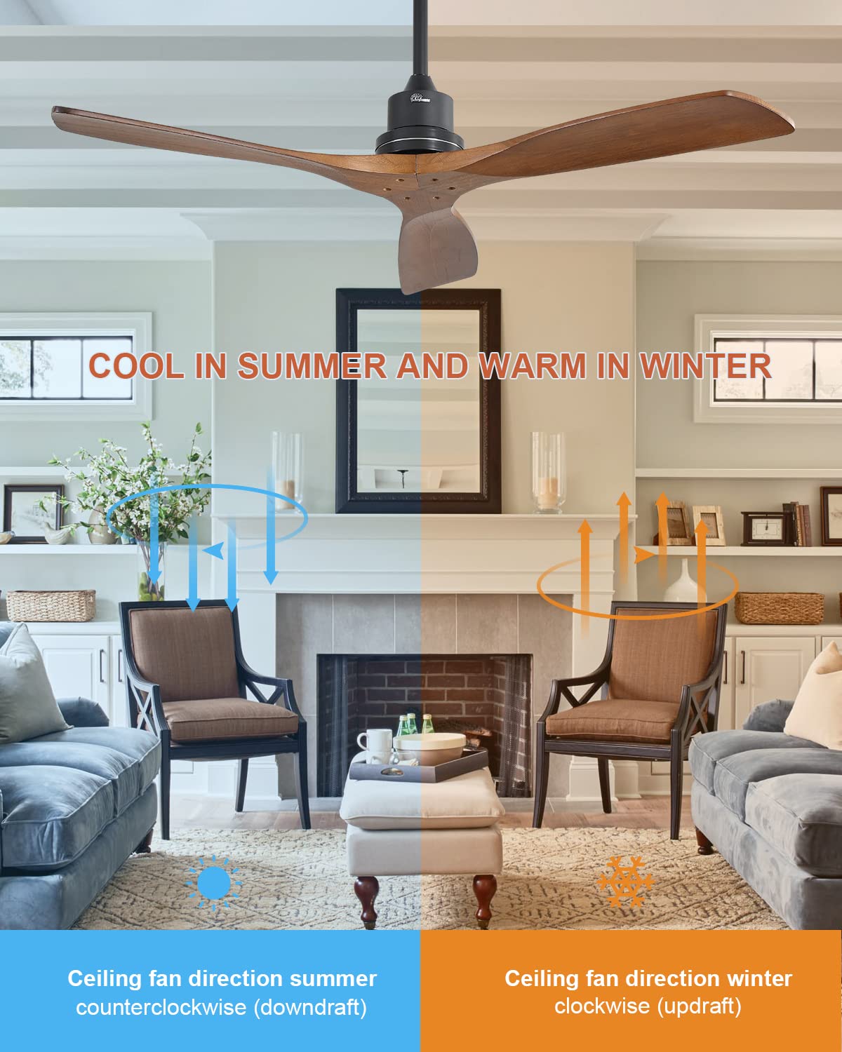 52 Inch Solid Wood Ceiling Fan with Remote - No Light Low Profile Flush Mount, 3 Blade Reversible DC Motor - Modern Indoor Outdoor Ceiling Fan for Living Room, Bedroom, Farmhouse, Patio & Covered Porch