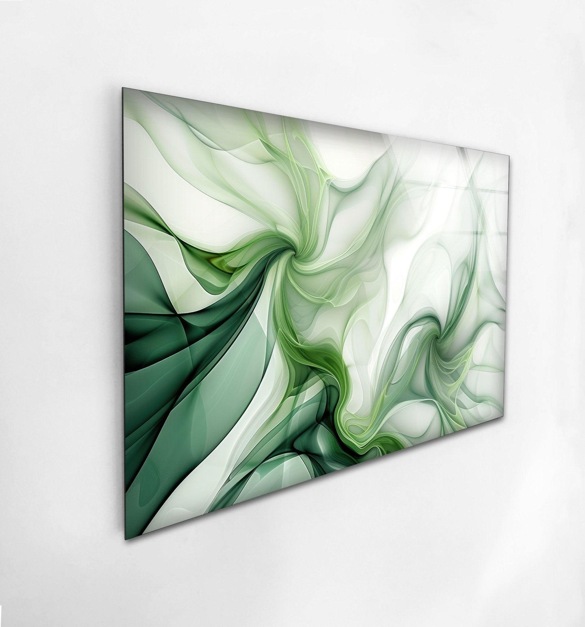 Abstract Green Ink Splash Glass Wall Art - Modern Home Decor for Living Room, Bedroom & Office - Unique Handmade Glass Painting for Contemporary Interior Design