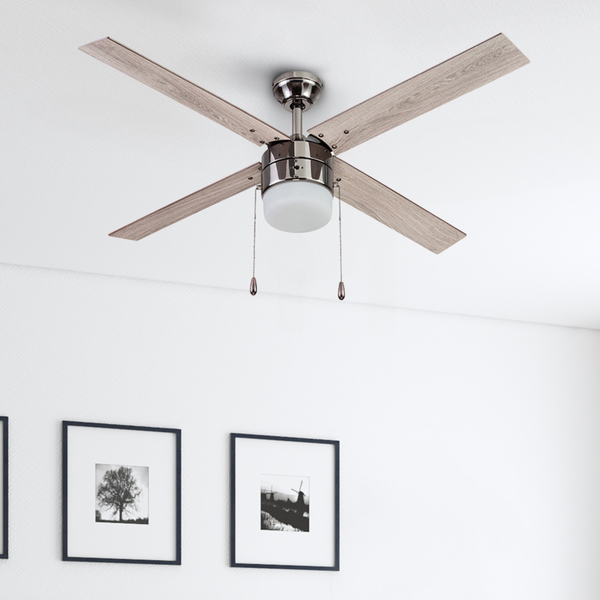 52 Inch Gun Metal Ceiling Fan with Pull Chain - Modern Industrial Style for Living Room, Bedroom, and Office Cooling