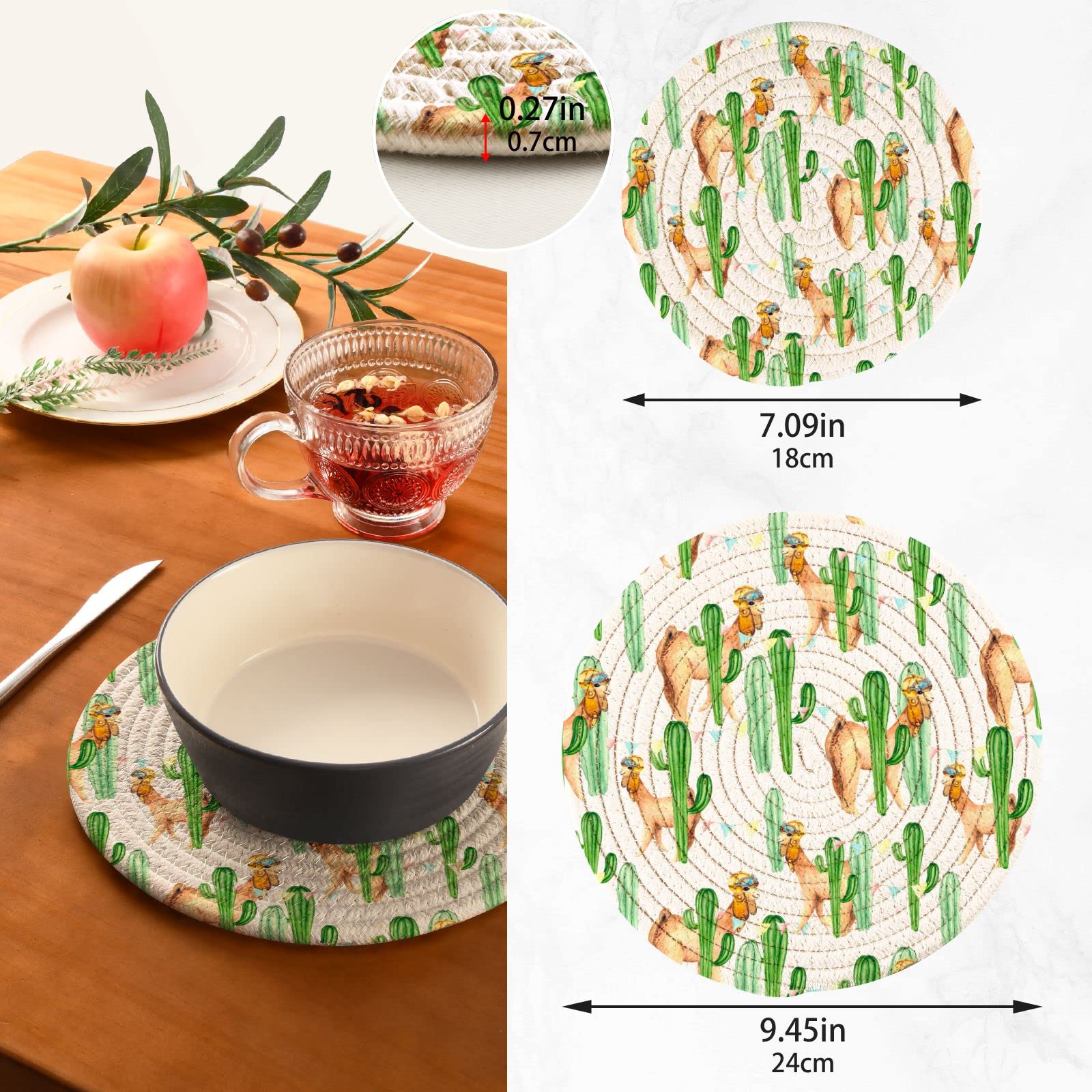 Funny Cartoon Llama & Cactus Pot Holders Set of 2 - Heat Resistant Trivets for Hot Pans, Bowls & Teapots - Cotton Woven Kitchen Decor for Countertops & Dining Tables