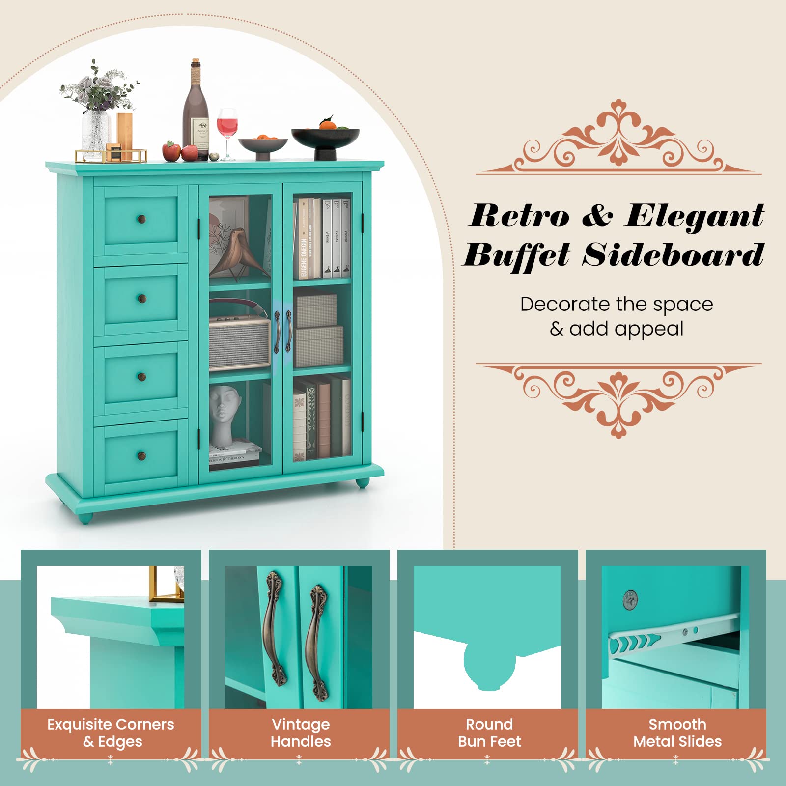 COSTWAY Sideboard Buffet Cabinet - 4-Drawer Kitchen Storage with 2 Tempered Glass Doors, Entryway Accent Cabinet for Dining Room, Kitchen & Home Organization | Perfect for Small Space Storage & Home Decor