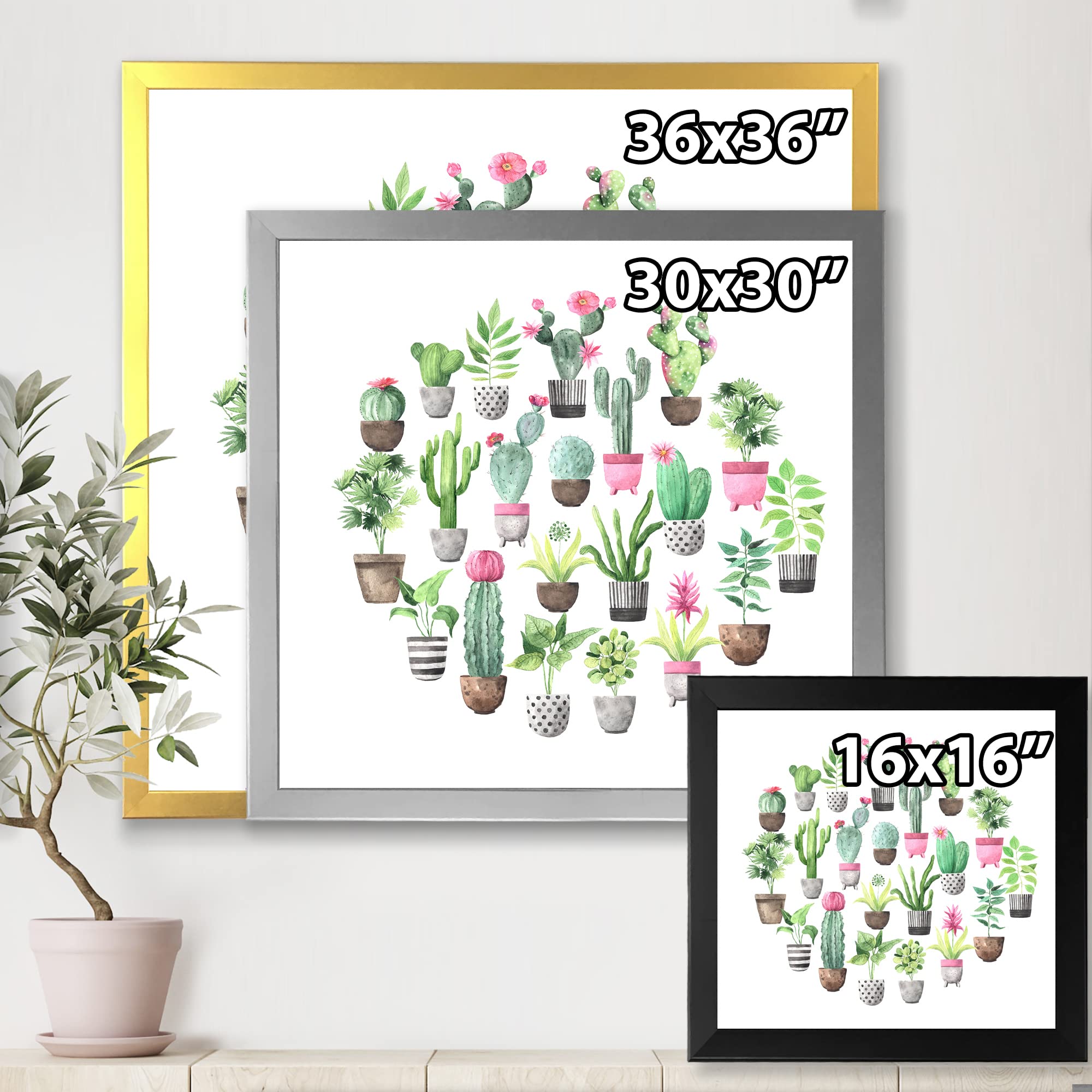 DesignQ Cacti in Ceramic Pots - Gentle Tone Traditional Framed Wall Art for Living Room, Bedroom & Office Decor