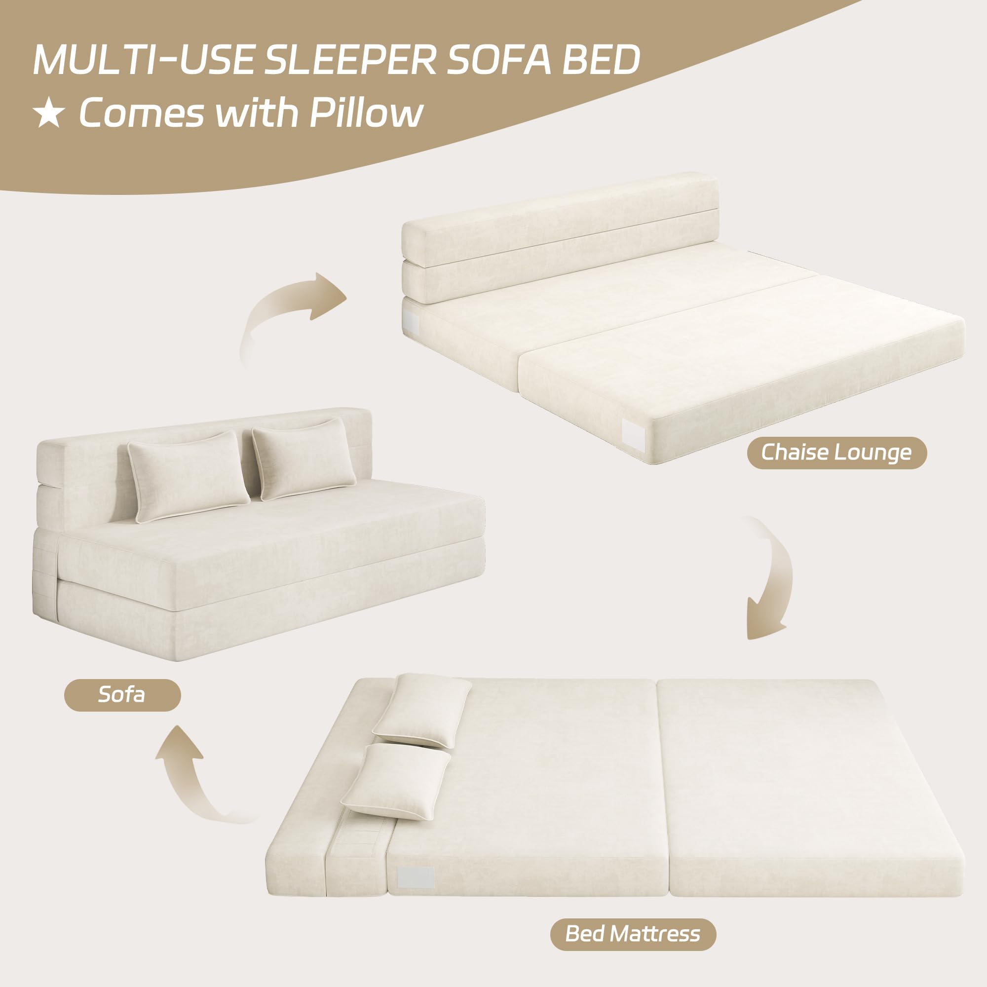 Convertible Folding Sofa Bed Queen Size with Pillows - Foldable Futon Sleeper Chair for Living Room, Dorm & Guest Room - Washable Cover, Off White - Perfect for Small Spaces, Lounging & Overnight Guests