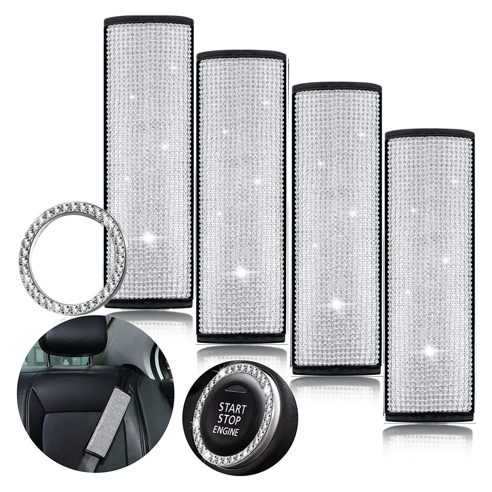 Soft Seat Belt Shoulder Pads with Bling Rhinestones - 5-Pack Universal Diamond Car Decor for Women | Crystal Rhinestone Start Button & Bling Ring Set (White Rhinestone) - Perfect for Luxury Car Accessories, Gift Ideas & Stylish Driving Comfort