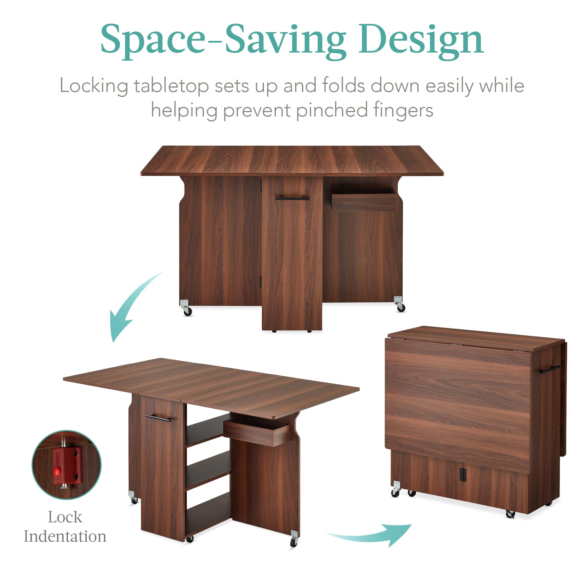 Best Choice Products Folding Dining Table with Wheels - Space Saving Collapsible Drop Leaf Extension Desk, 3 Storage Shelves, Multipurpose Brown Table for Small Spaces, Kitchen, Dorm Room, or Office Use