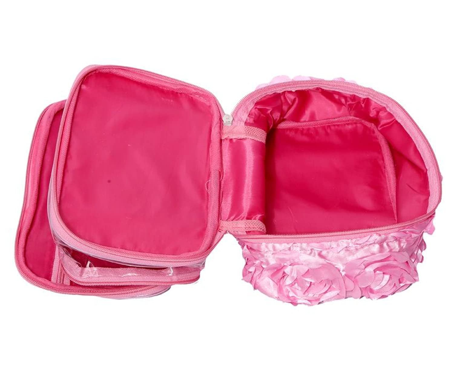 Kuber Industries Double Layer Clear Makeup Bag with Flower Design - Large Cosmetic Organizer & Travel Toiletry Bag for Women & Girls (Pink) - Perfect for Travel, Gym, and Daily Beauty Storage