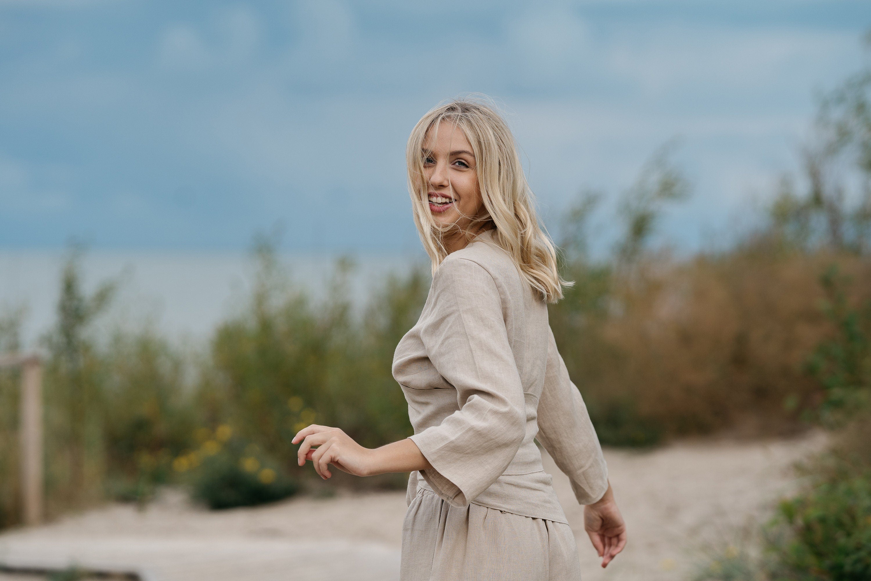 Madeira Linen Wrap Top - Natural Color Women's Casual Blouse for Summer, Beach & Boho Style Outfits