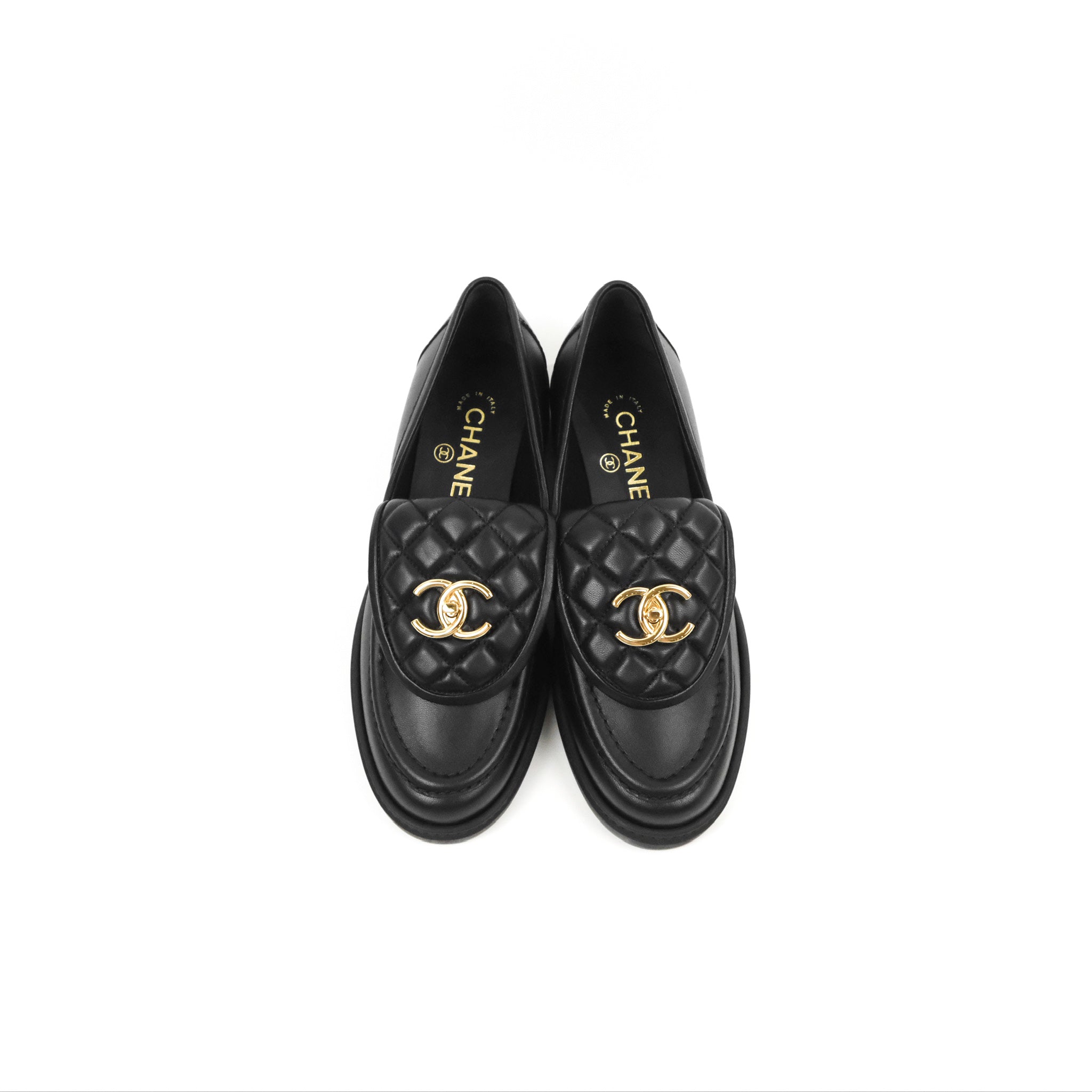 Chanel CC Turnlock Loafers - Quilted Black Calfskin Leather Shoes with Gold Hardware - Women's Size 37.5 (US 7) - Luxury Designer Flats for Work, Office & Formal Occasions
