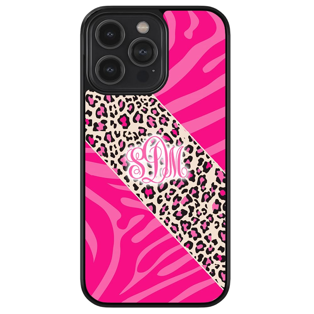 Pink Monogram Leopard Zebra Print Black Rubber Phone Case for iPhone 16 Pro Max/15 Pro Max/14 Pro Max/13 Pro Max/12 Pro Max/11/X/8/7 Plus - Stylish Protective Cover for Everyday Use & Fashion Accessory