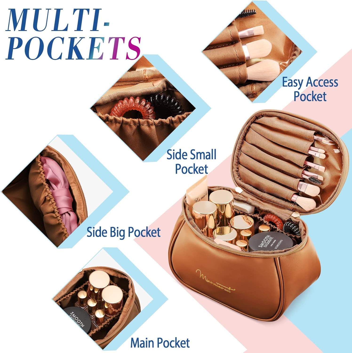 Waterproof Travel Makeup Bag for Women - Zippered Cosmetic Organizer Pouch for Brushes, Toiletries & Accessories (10cm, Brown) | Perfect for Travel, Gym & Daily Use