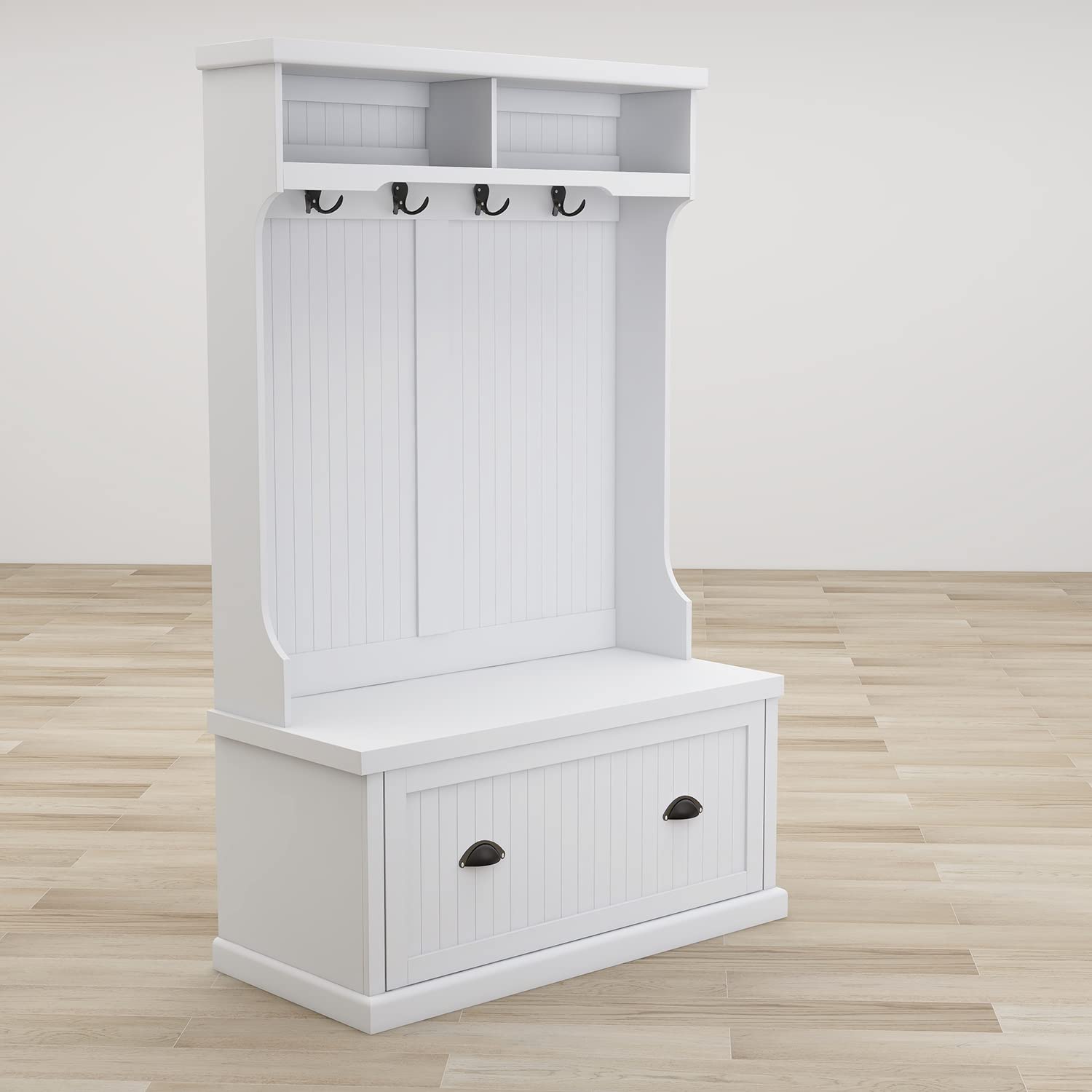 White Hall Tree Bench with 4 Double Hooks & Storage - Entryway Shoe Bench, Coat Rack Organizer for Living Room, Foyer & Mudroom - Perfect for Storing Shoes, Hats & Winter Gear